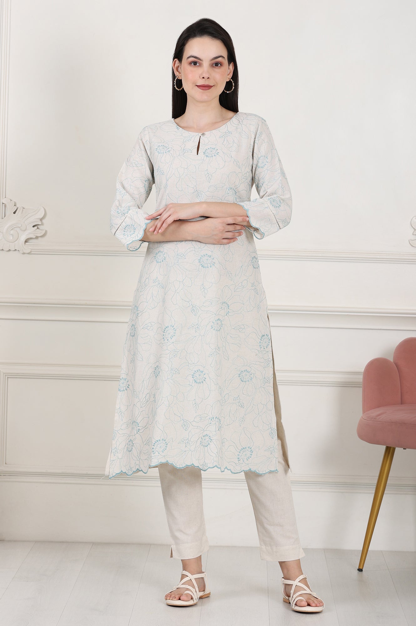 W for Woman Beige Thread Work Linen Straight Kurta With Scalloped Hemline