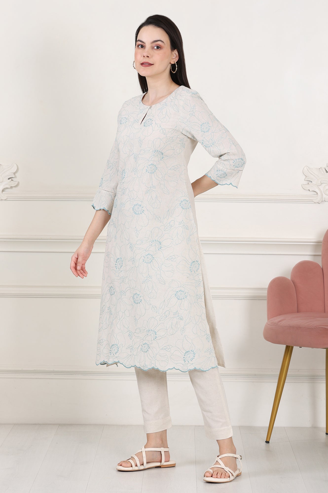 W for Woman Beige Thread Work Linen Straight Kurta With Scalloped Hemline
