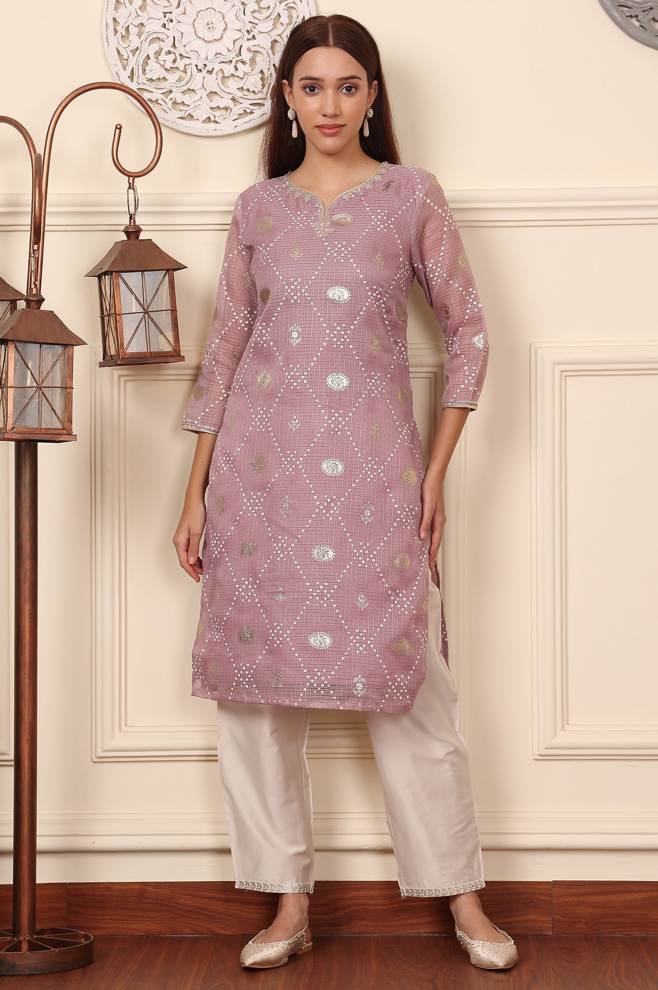 W for Woman Lilac Foil Printed Kota Doriya Kurta With Zari Embroidered Neck