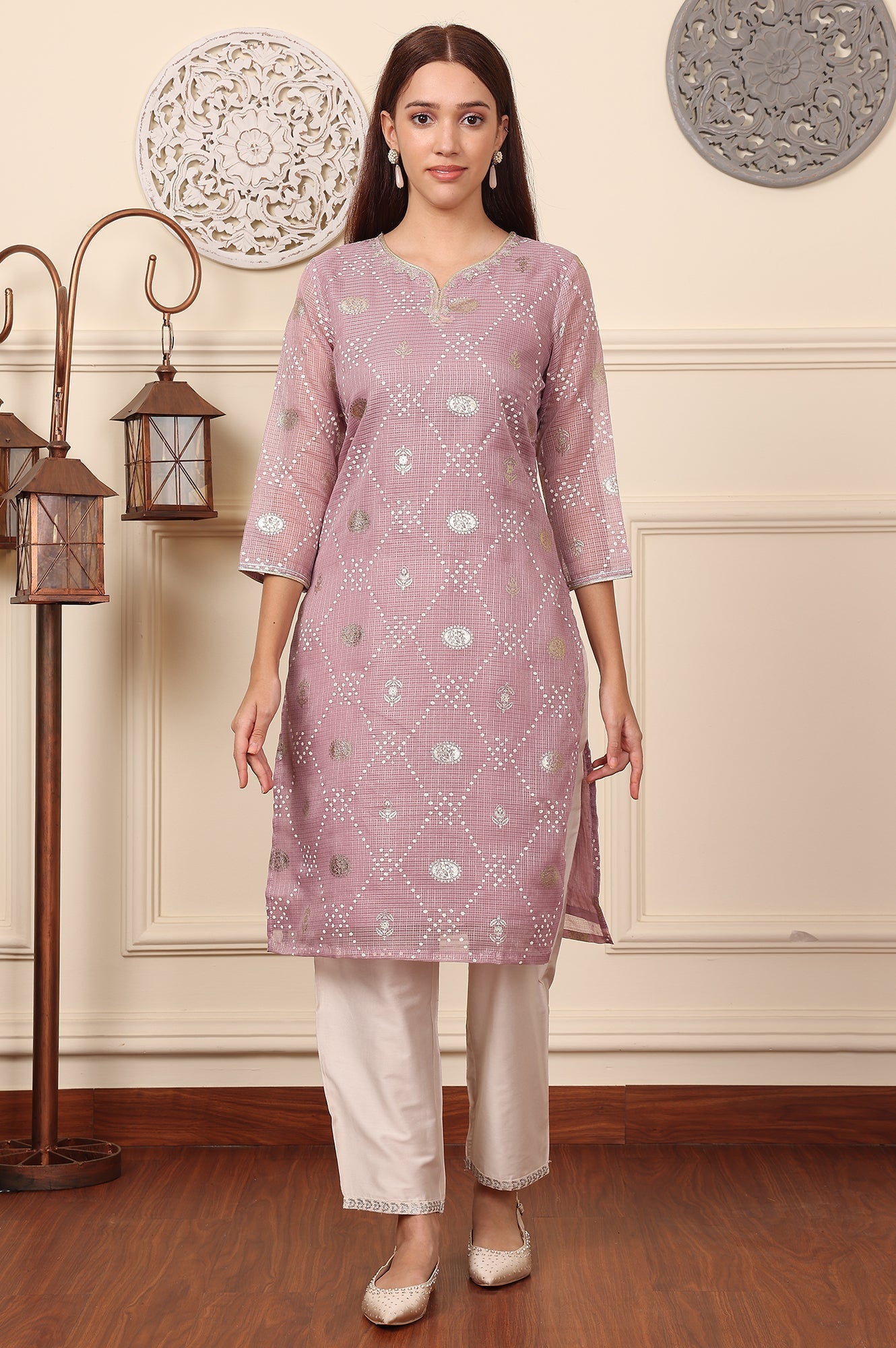 W for Woman Lilac Foil Printed Kota Doriya Kurta With Zari Embroidered Neck