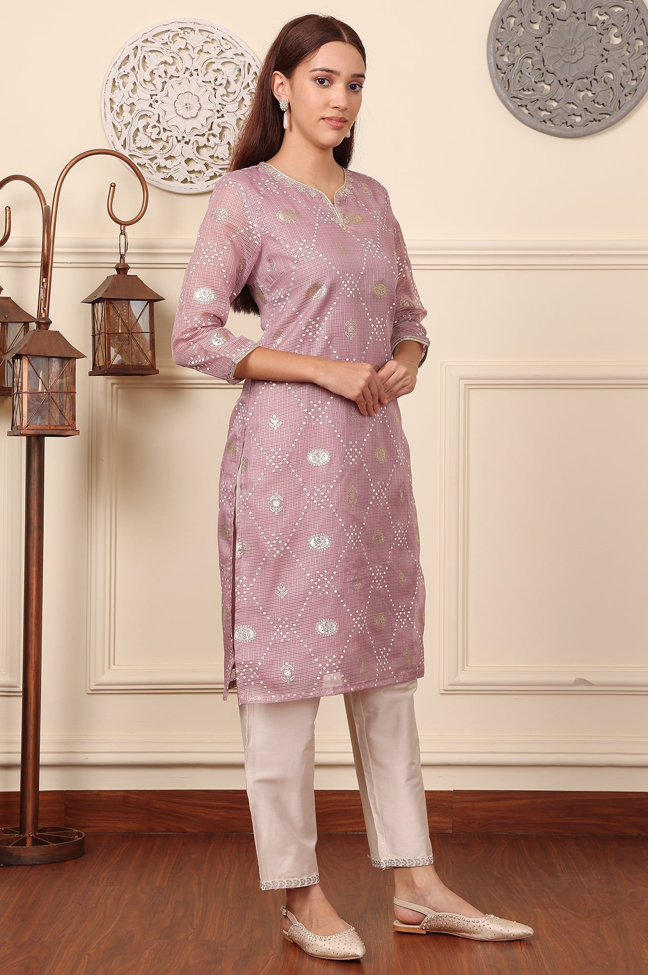 W for Woman Lilac Foil Printed Kota Doriya Kurta With Zari Embroidered Neck