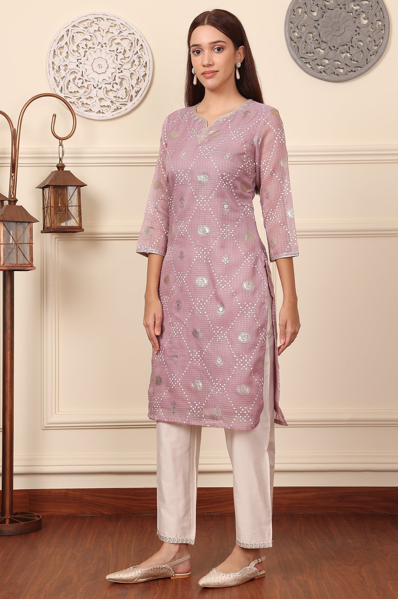 W for Woman Lilac Foil Printed Kota Doriya Kurta With Zari Embroidered Neck