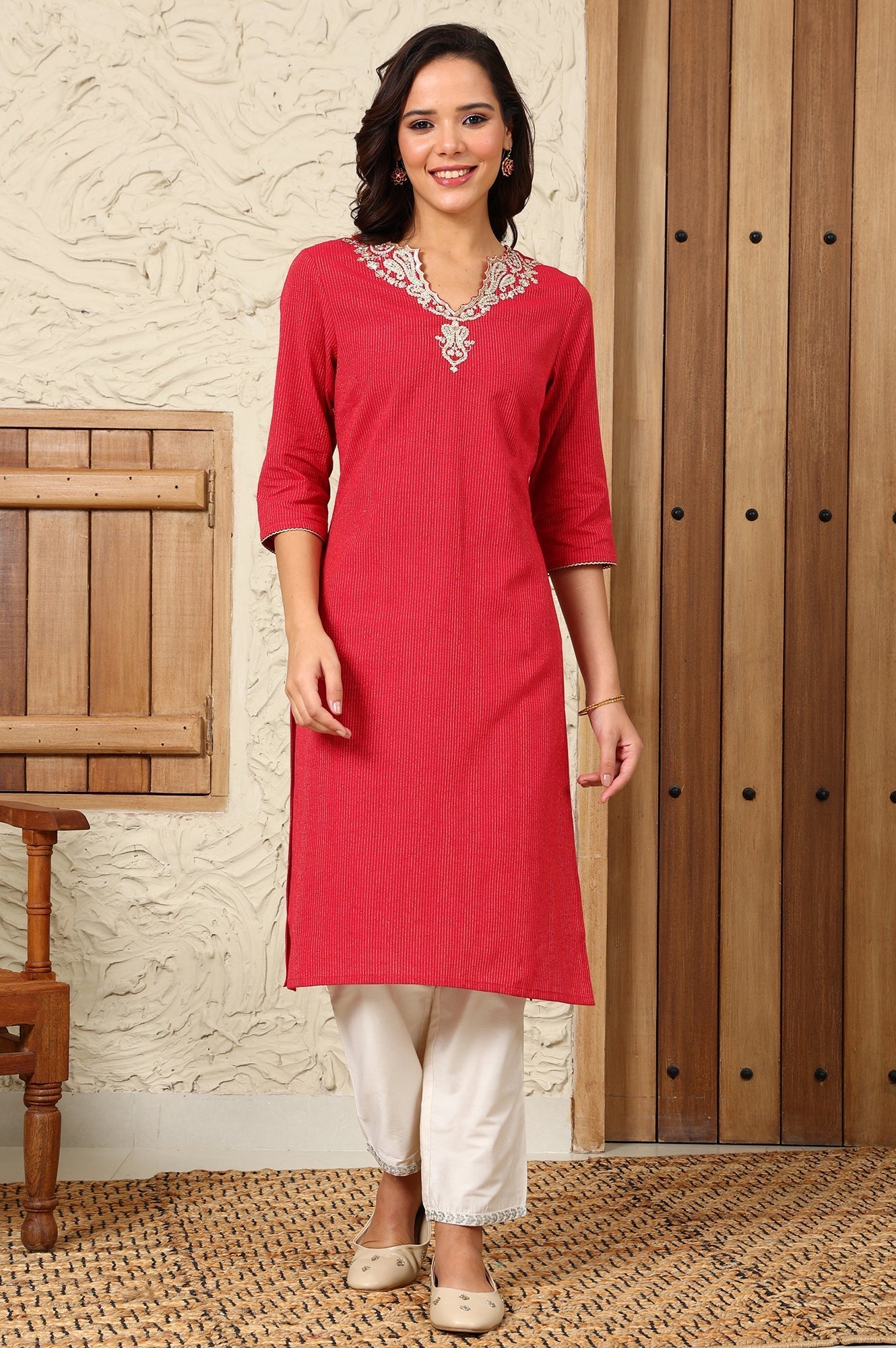 W for Woman Fuchsia Pink Yarn-Dyed Embroidered Cotton Flax Straight Kurta With Lurex Stripes