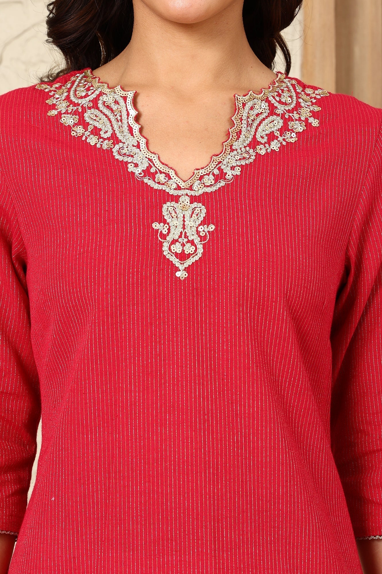 W for Woman Fuchsia Pink Yarn-Dyed Embroidered Cotton Flax Straight Kurta With Lurex Stripes