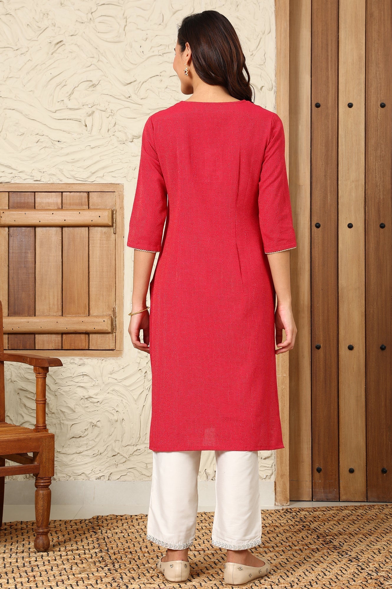 W for Woman Fuchsia Pink Yarn-Dyed Embroidered Cotton Flax Straight Kurta With Lurex Stripes