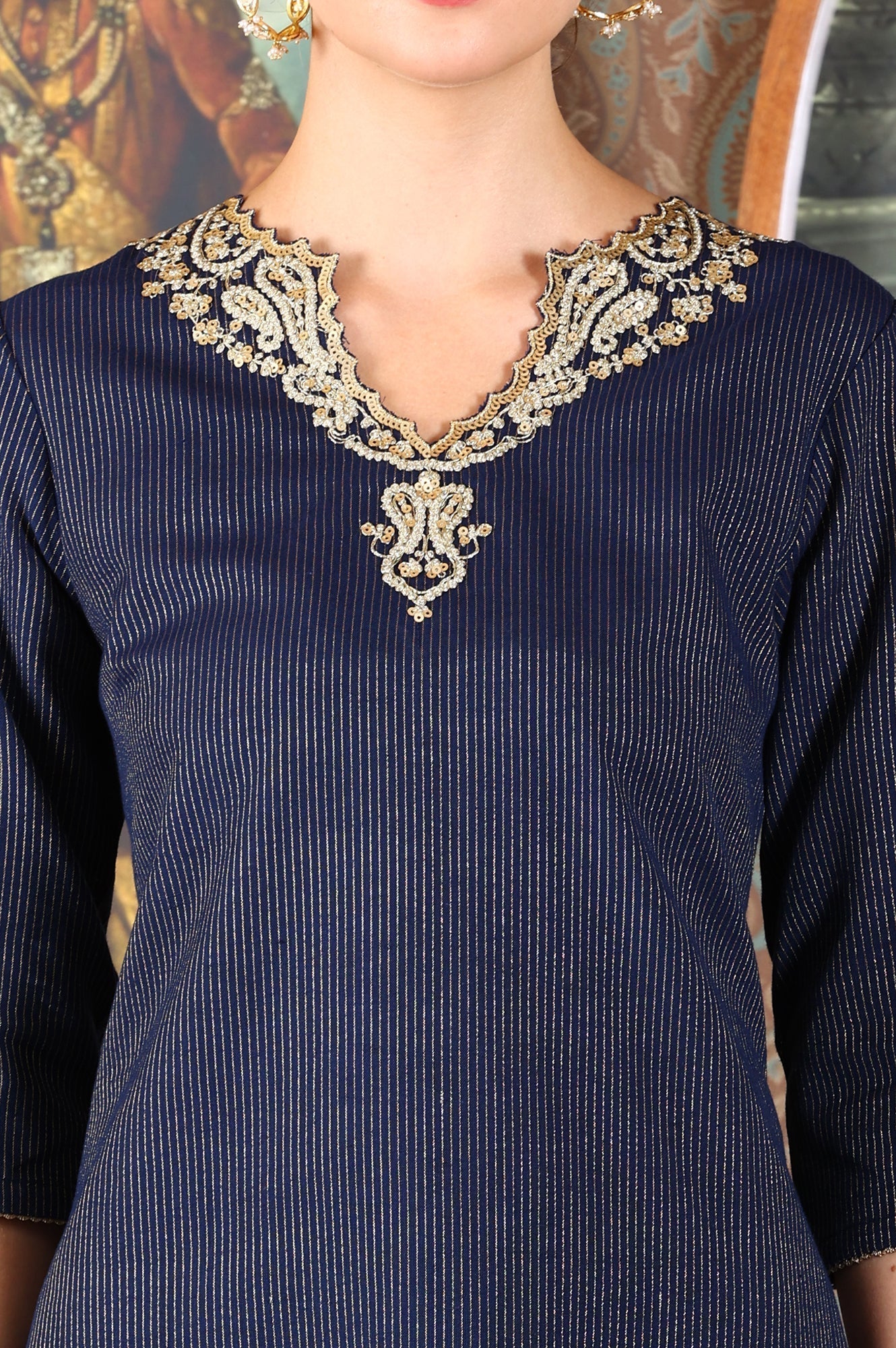 W for Woman Blue Cotton Lurex Festive Kurta With Embroidered Neckine