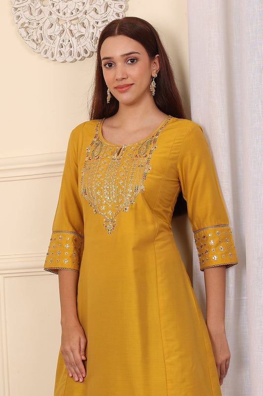 W for Woman Mustard Yellow Solid Flared Kurta With Embroidered Yoke
