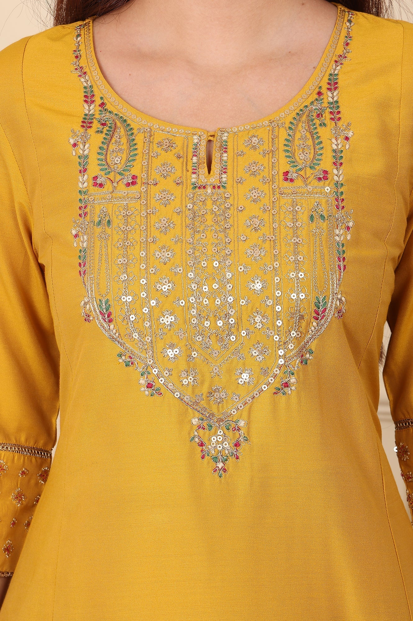 W for Woman Mustard Yellow Solid Flared Kurta With Embroidered Yoke