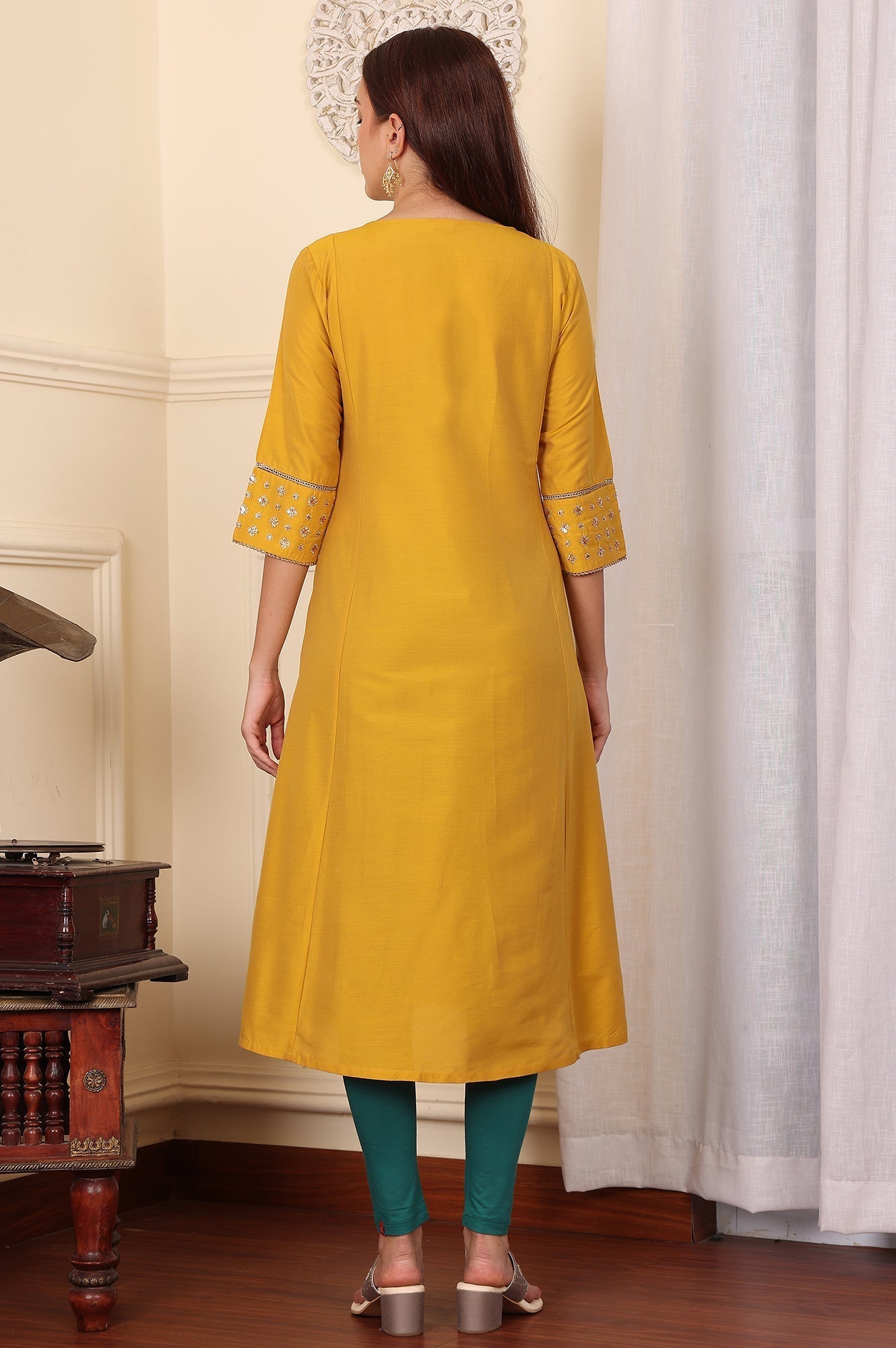 W for Woman Mustard Yellow Solid Flared Kurta With Embroidered Yoke