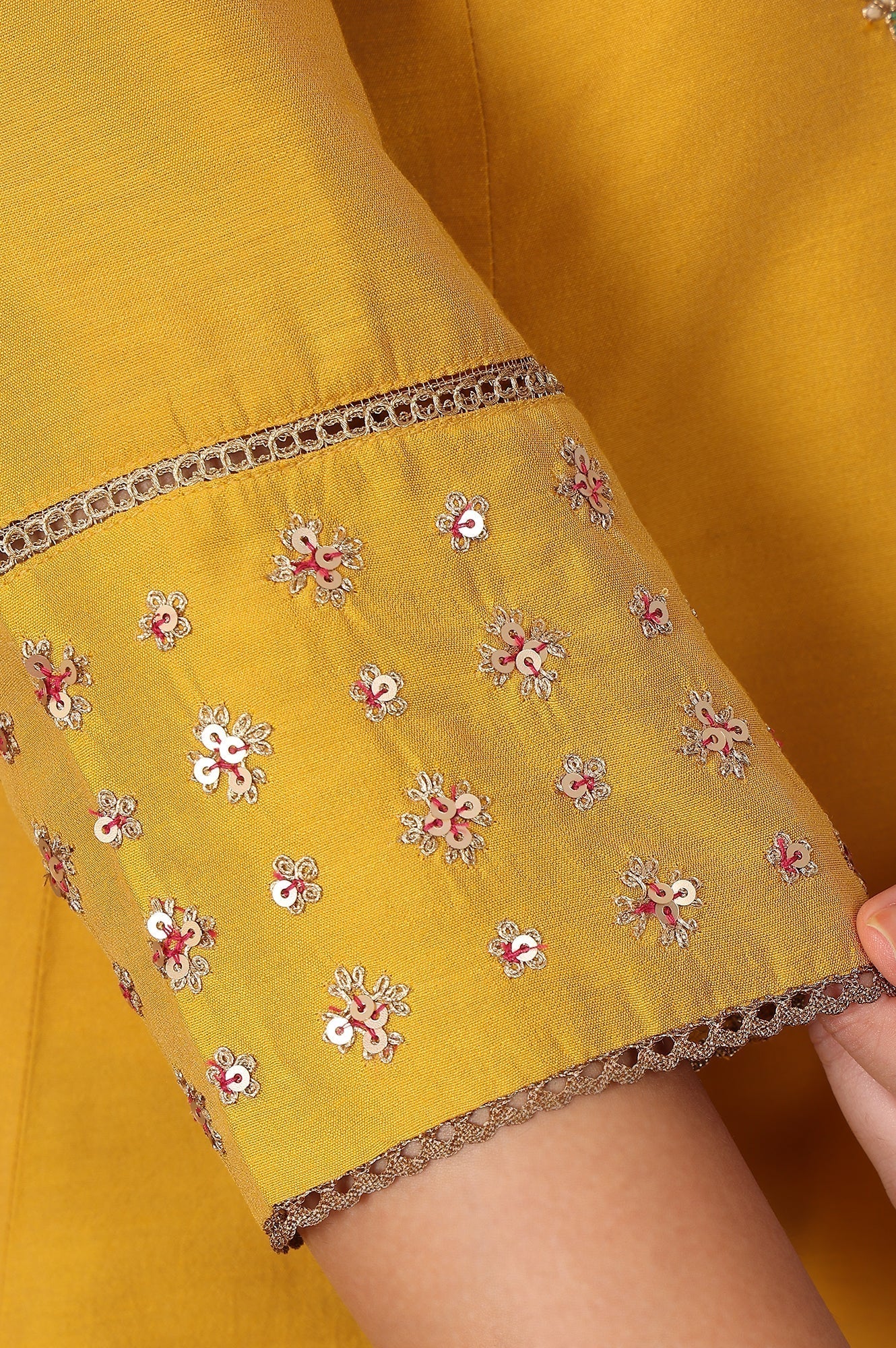 W for Woman Mustard Yellow Solid Flared Kurta With Embroidered Yoke