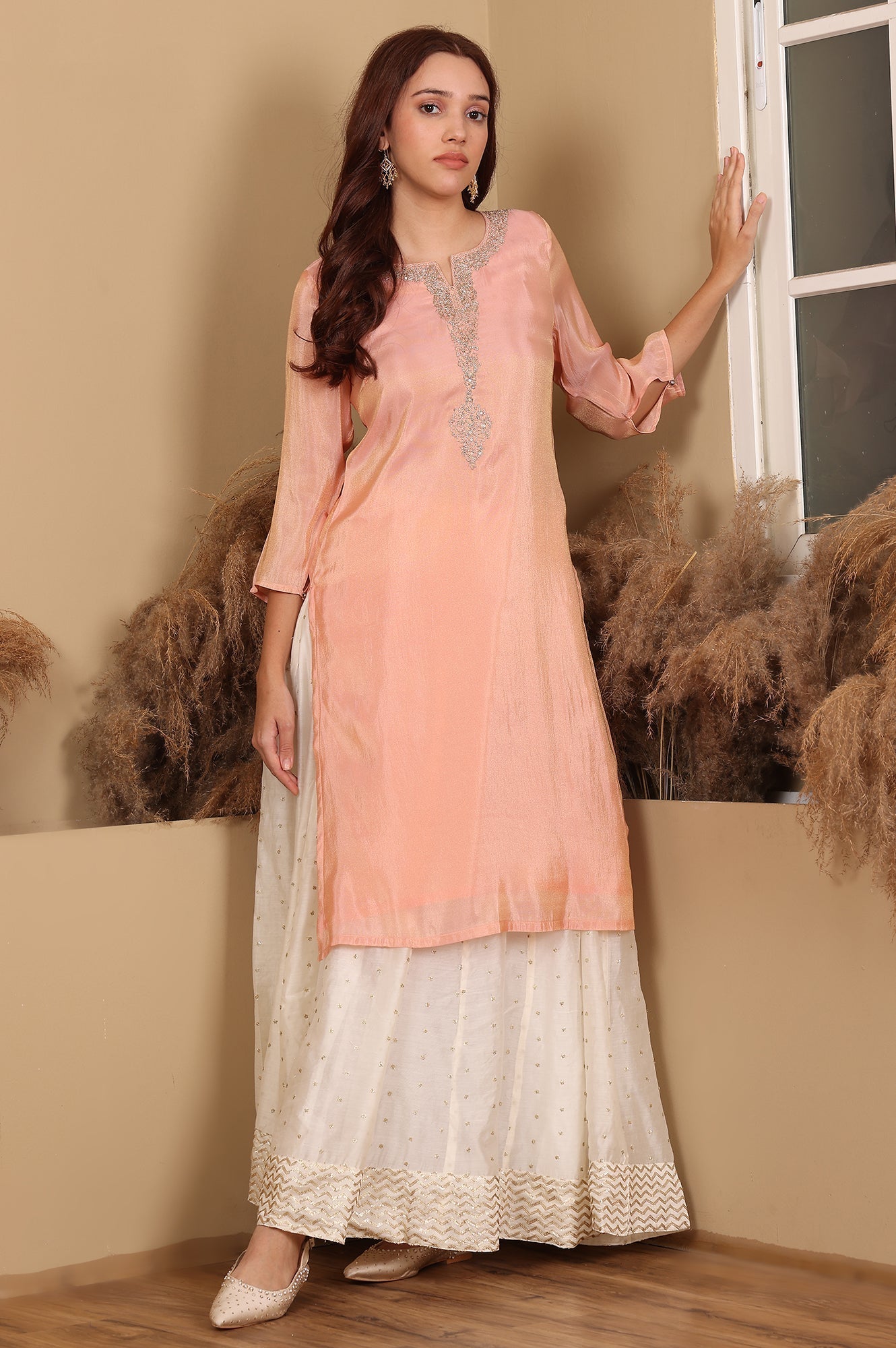 W for Woman Peach Solid Straight Tissue Kurta With Embroidered Neck