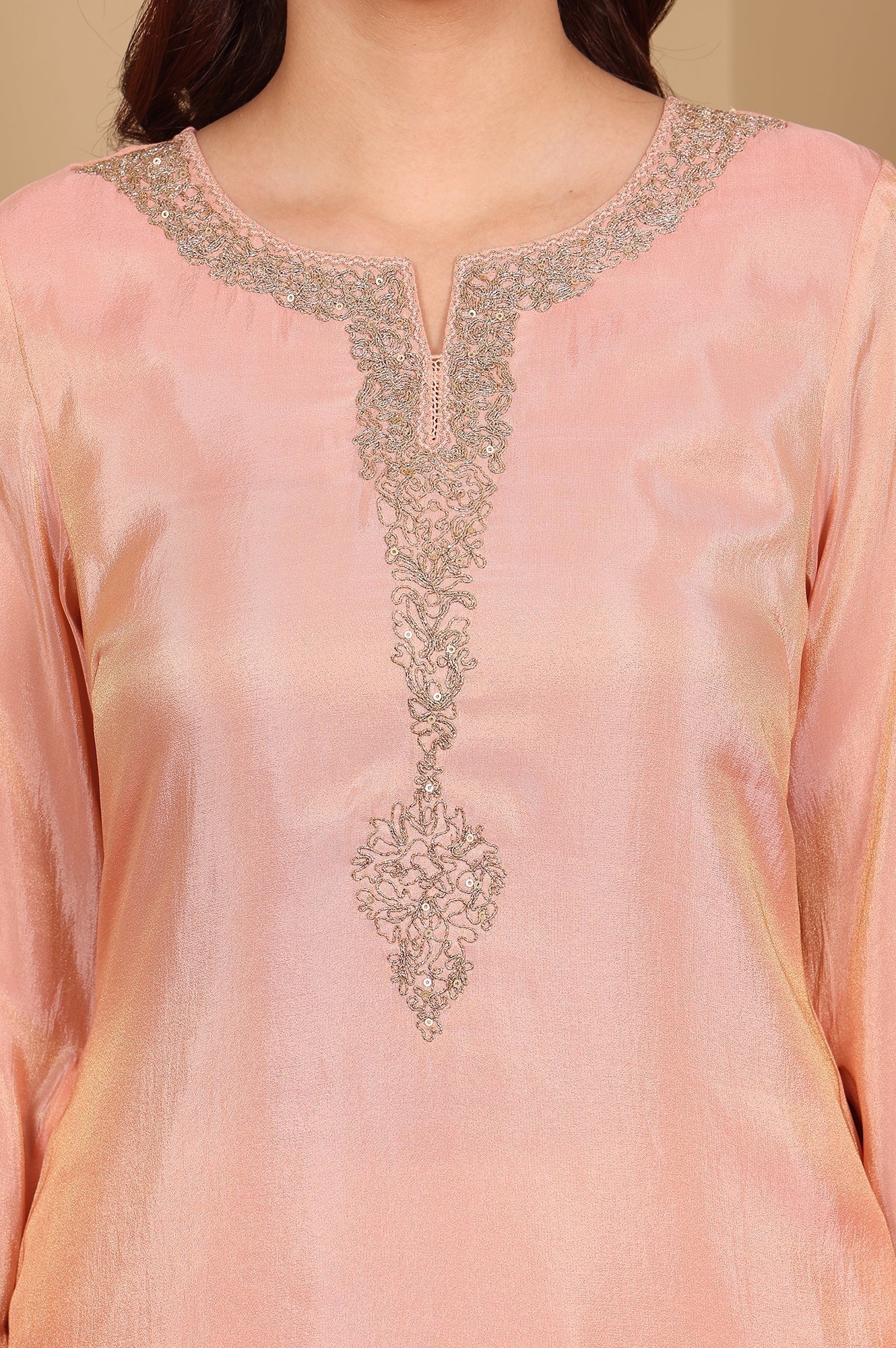 W for Woman Peach Solid Straight Tissue Kurta With Embroidered Neck