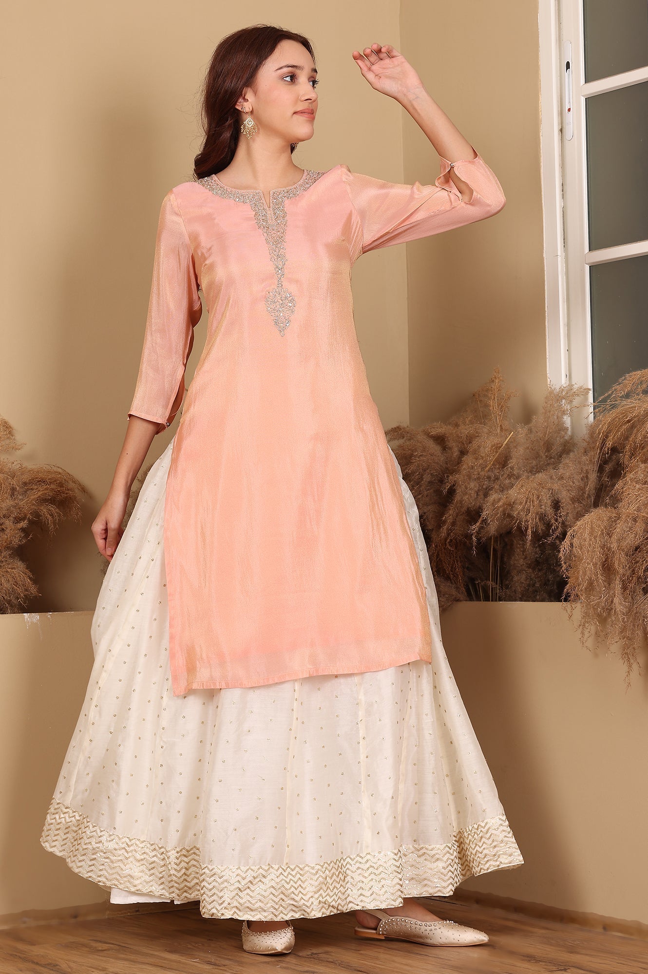 W for Woman Peach Solid Straight Tissue Kurta With Embroidered Neck