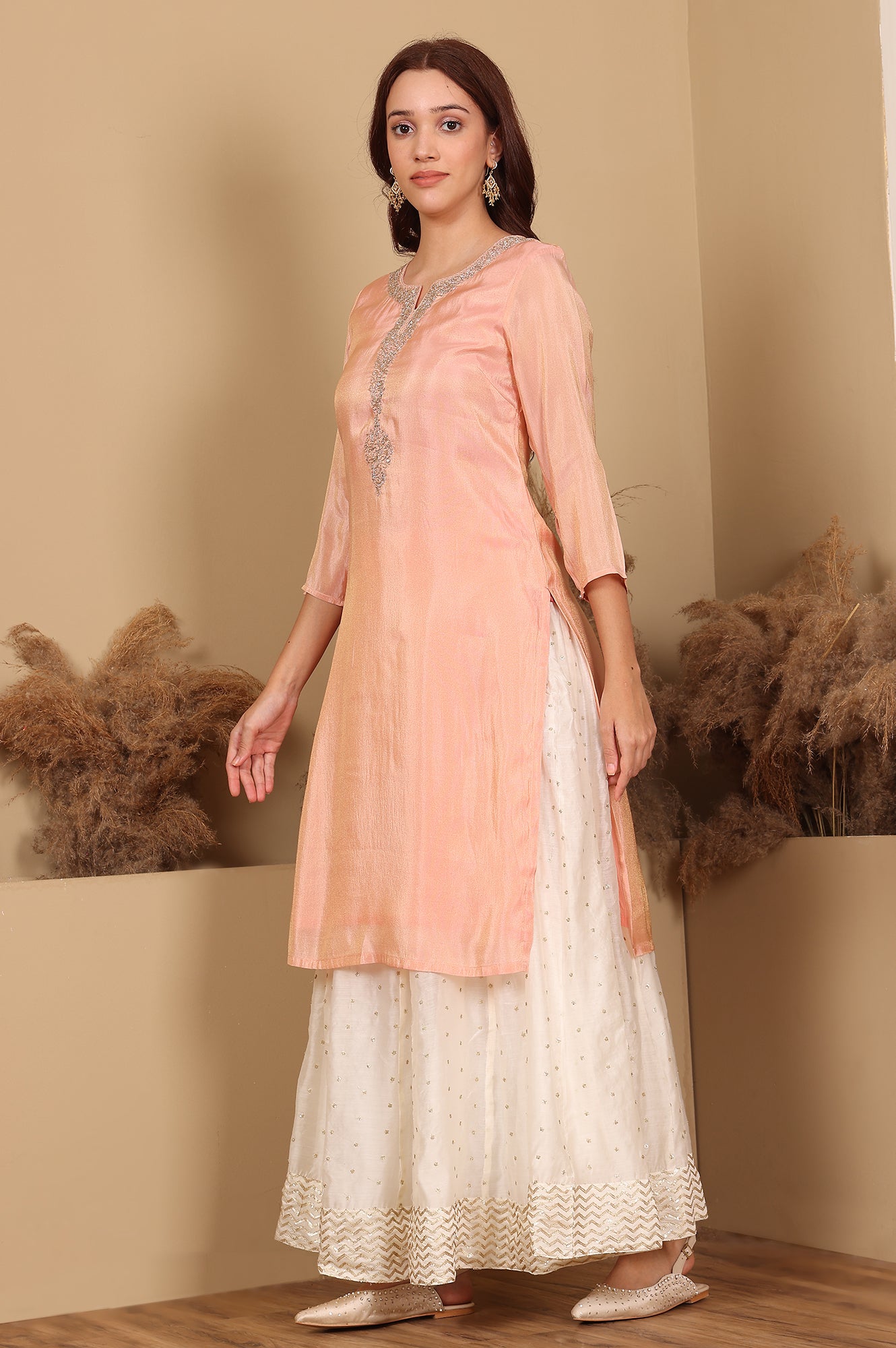 W for Woman Peach Solid Straight Tissue Kurta With Embroidered Neck