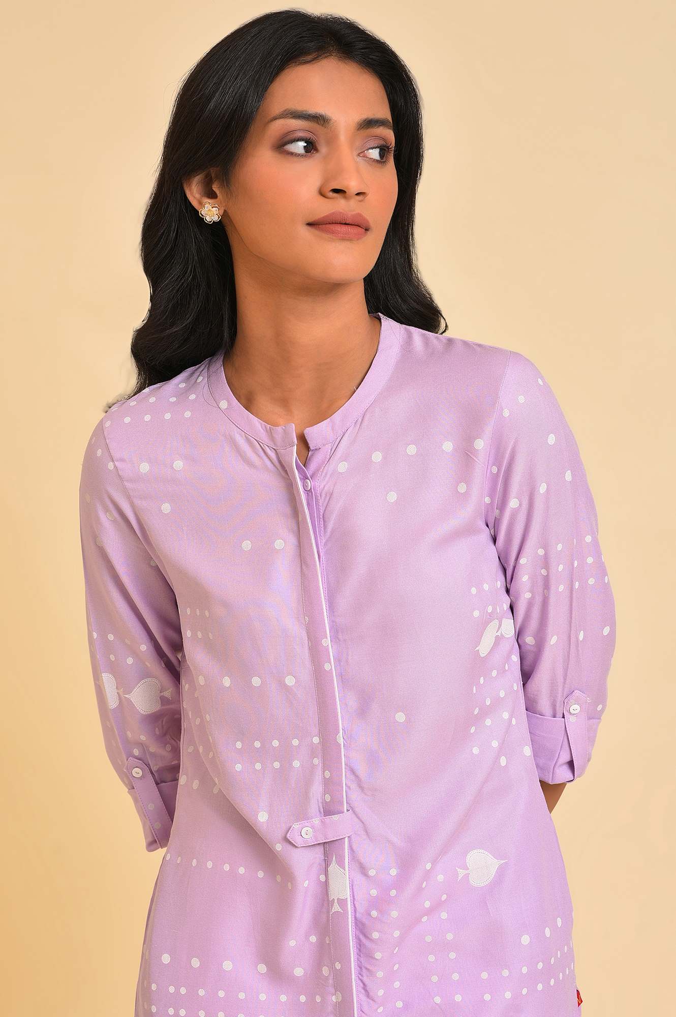 W for Woman Light Purple Polka Dots Printed Straight Kurta with Parallel Pant Set
