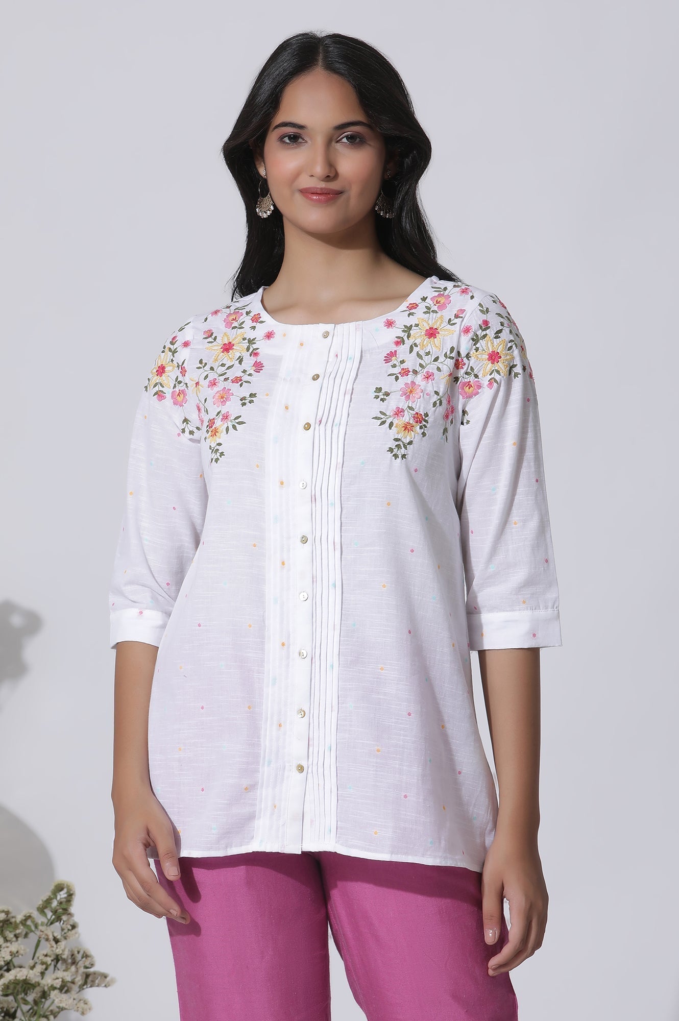 W for Woman White Embroidered Cotton Top With Pintucks  Grab2Buy WforWoman Grab2Buy