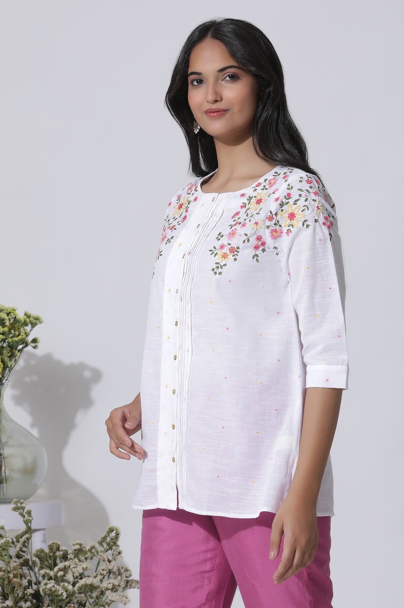 W for Woman White Embroidered Cotton Top With Pintucks  Grab2Buy WforWoman Grab2Buy