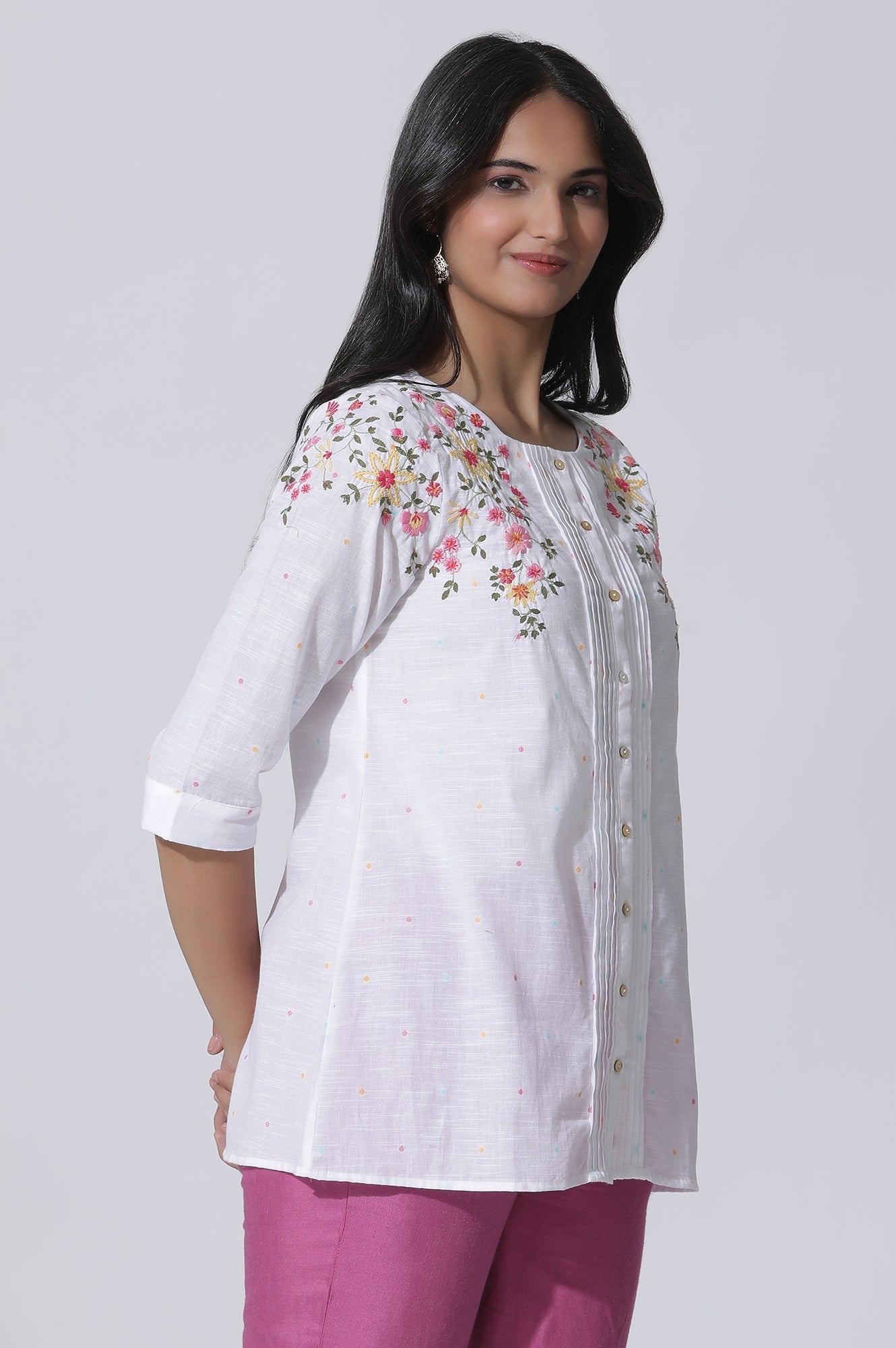 W for Woman White Embroidered Cotton Top With Pintucks  Grab2Buy WforWoman Grab2Buy