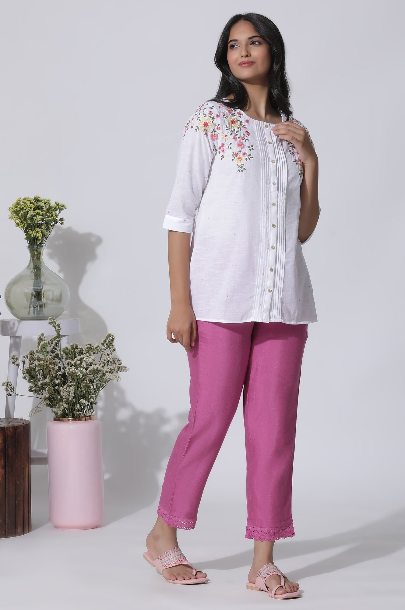 W for Woman White Embroidered Cotton Top With Pintucks  Grab2Buy WforWoman Grab2Buy