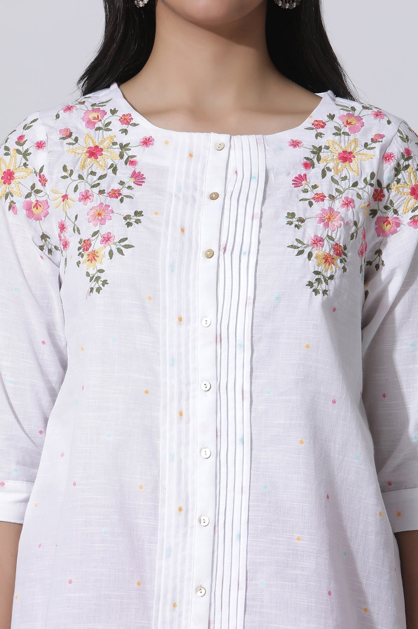 W for Woman White Embroidered Cotton Top With Pintucks  Grab2Buy WforWoman Grab2Buy