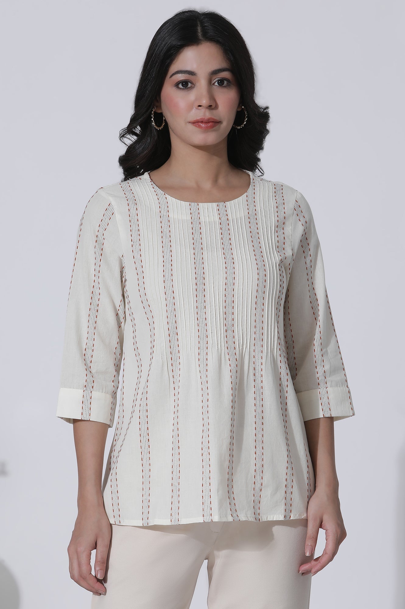 W for Woman White Yarn-Dyed Stripes Cotton Top  Grab2Buy WforWoman Grab2Buy
