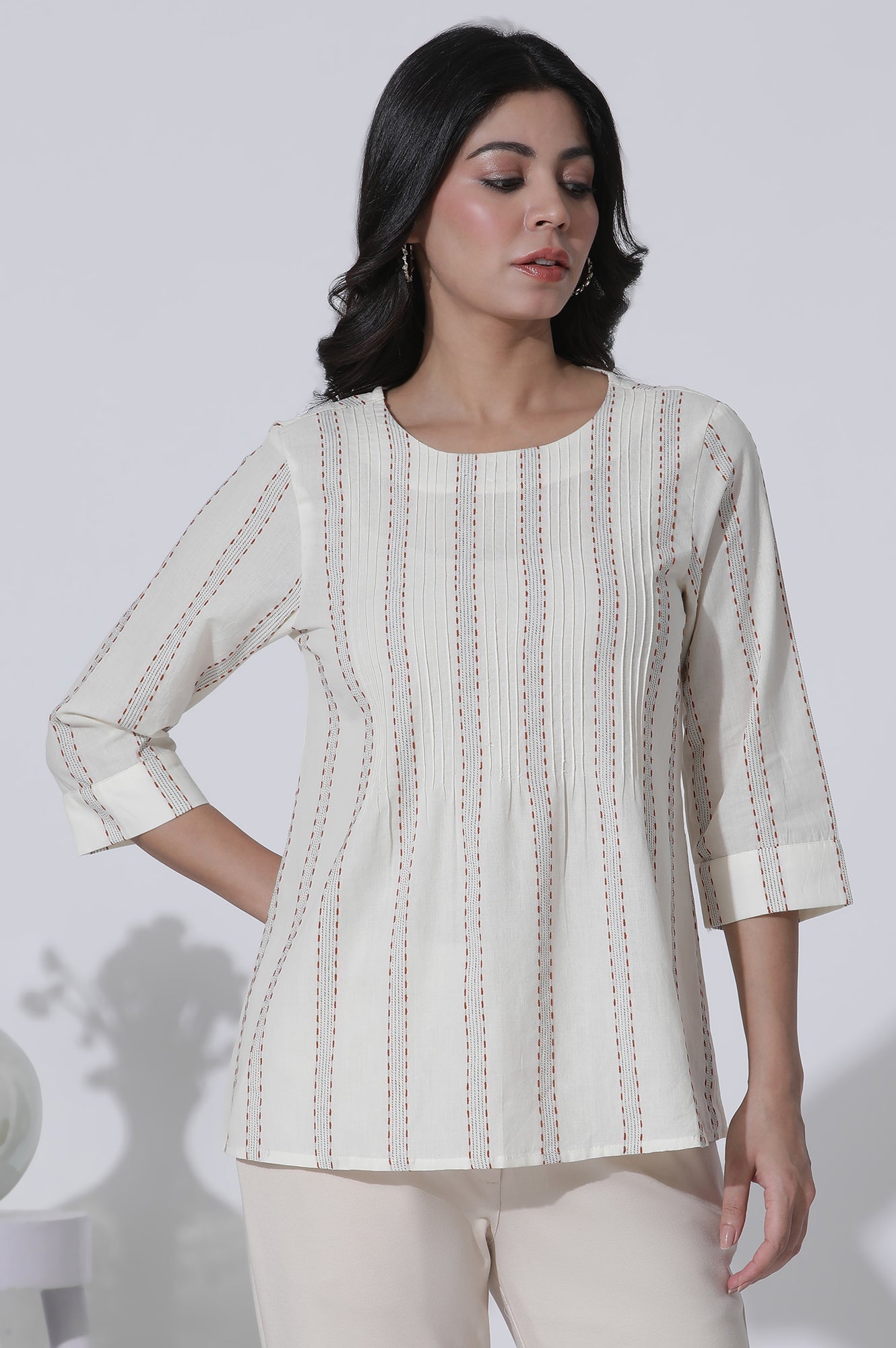 W for Woman White Yarn-Dyed Stripes Cotton Top  Grab2Buy WforWoman Grab2Buy