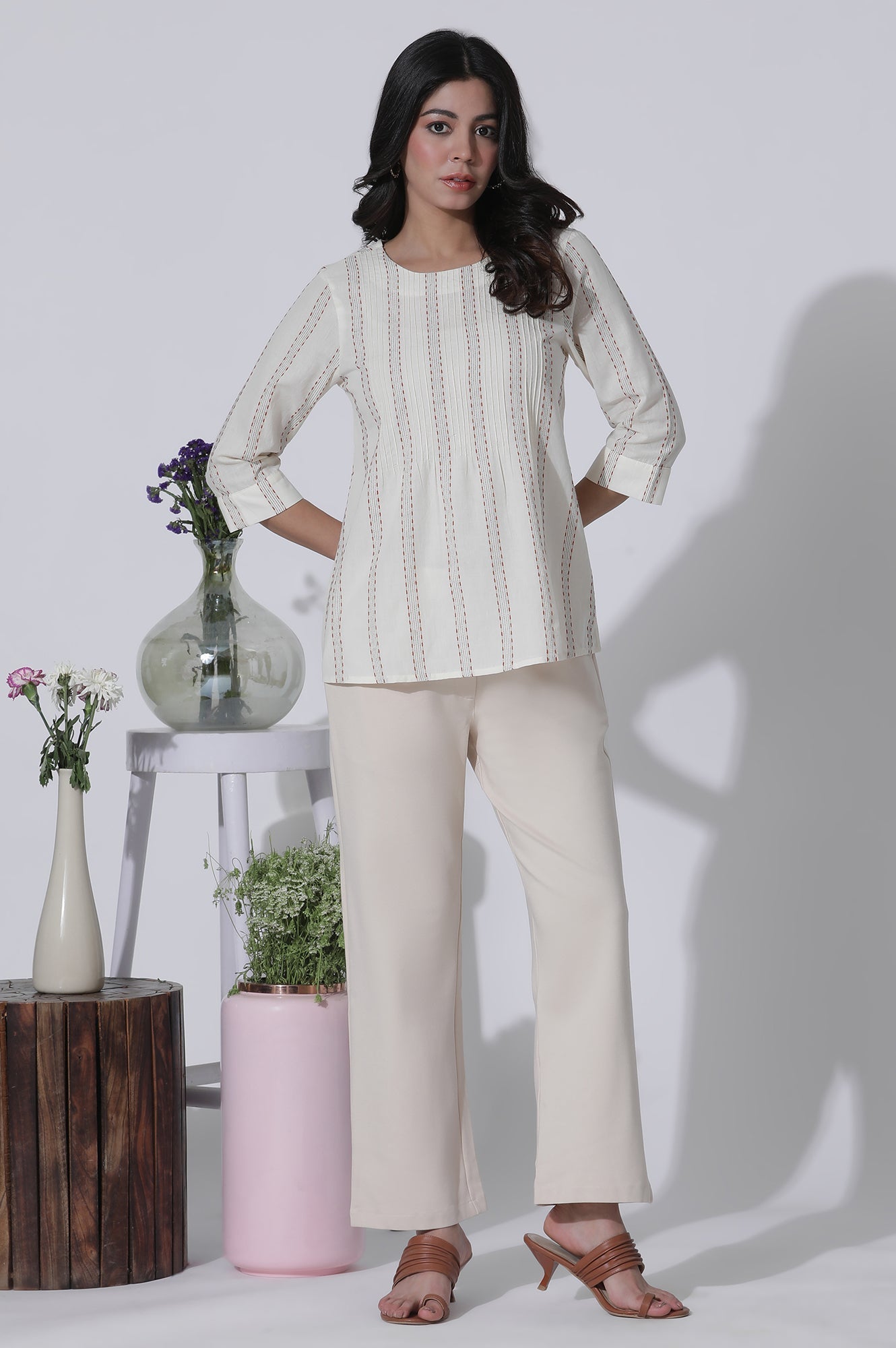 W for Woman White Yarn-Dyed Stripes Cotton Top  Grab2Buy WforWoman Grab2Buy