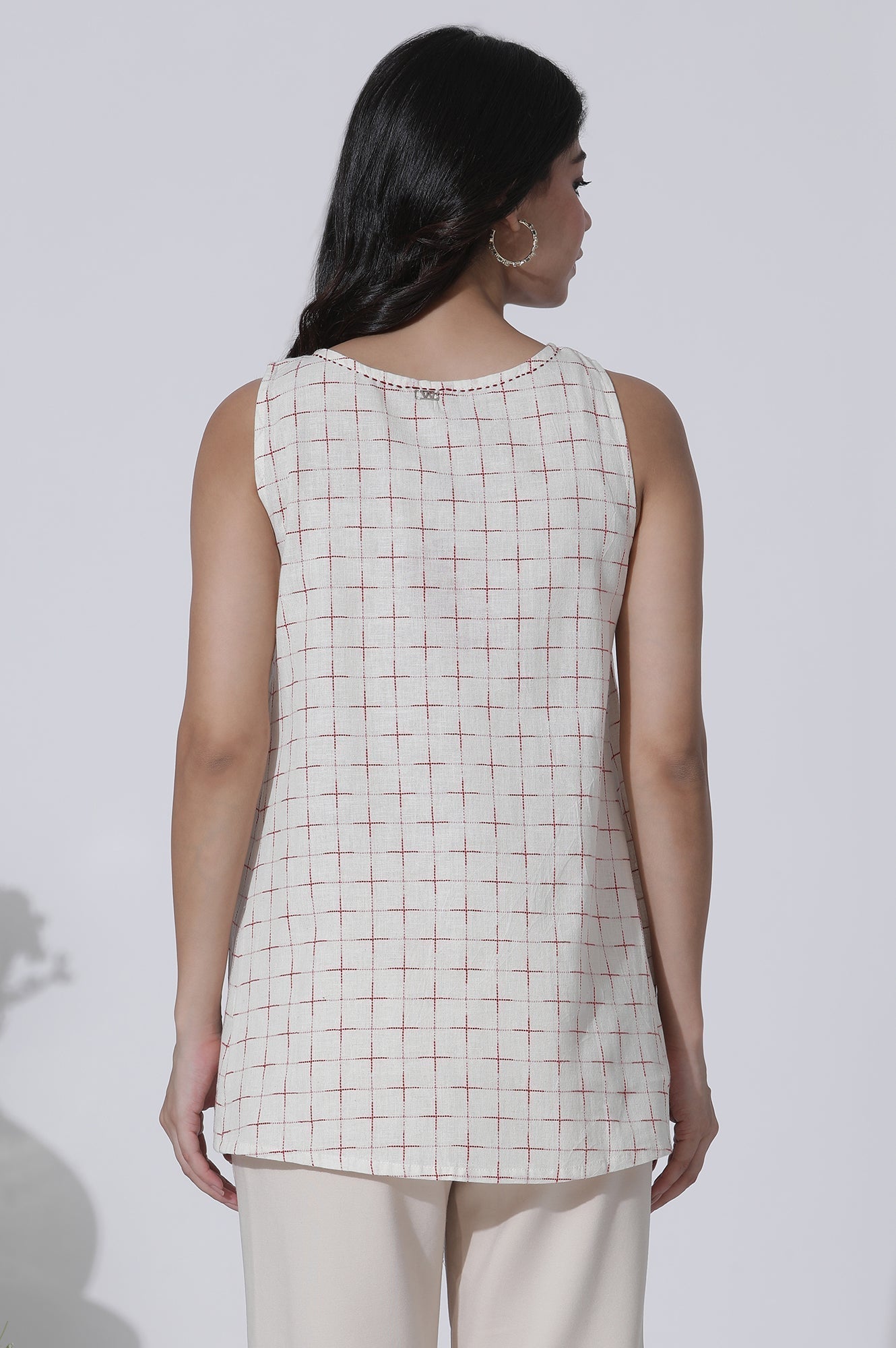 W for Woman White Yarn-Dyed Checks Cotton Blend Sleeveless Tank Top  Grab2Buy WforWoman Grab2Buy
