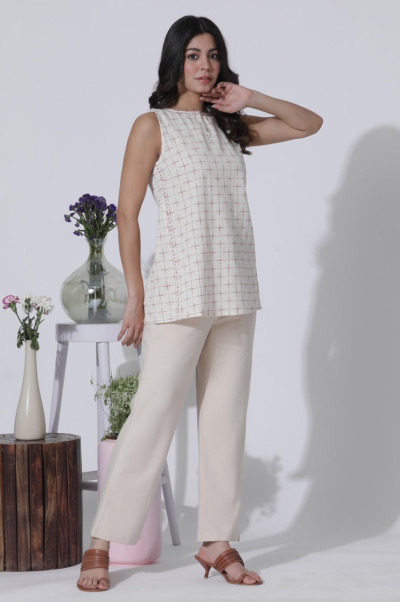 W for Woman White Yarn-Dyed Checks Cotton Blend Sleeveless Tank Top  Grab2Buy WforWoman Grab2Buy