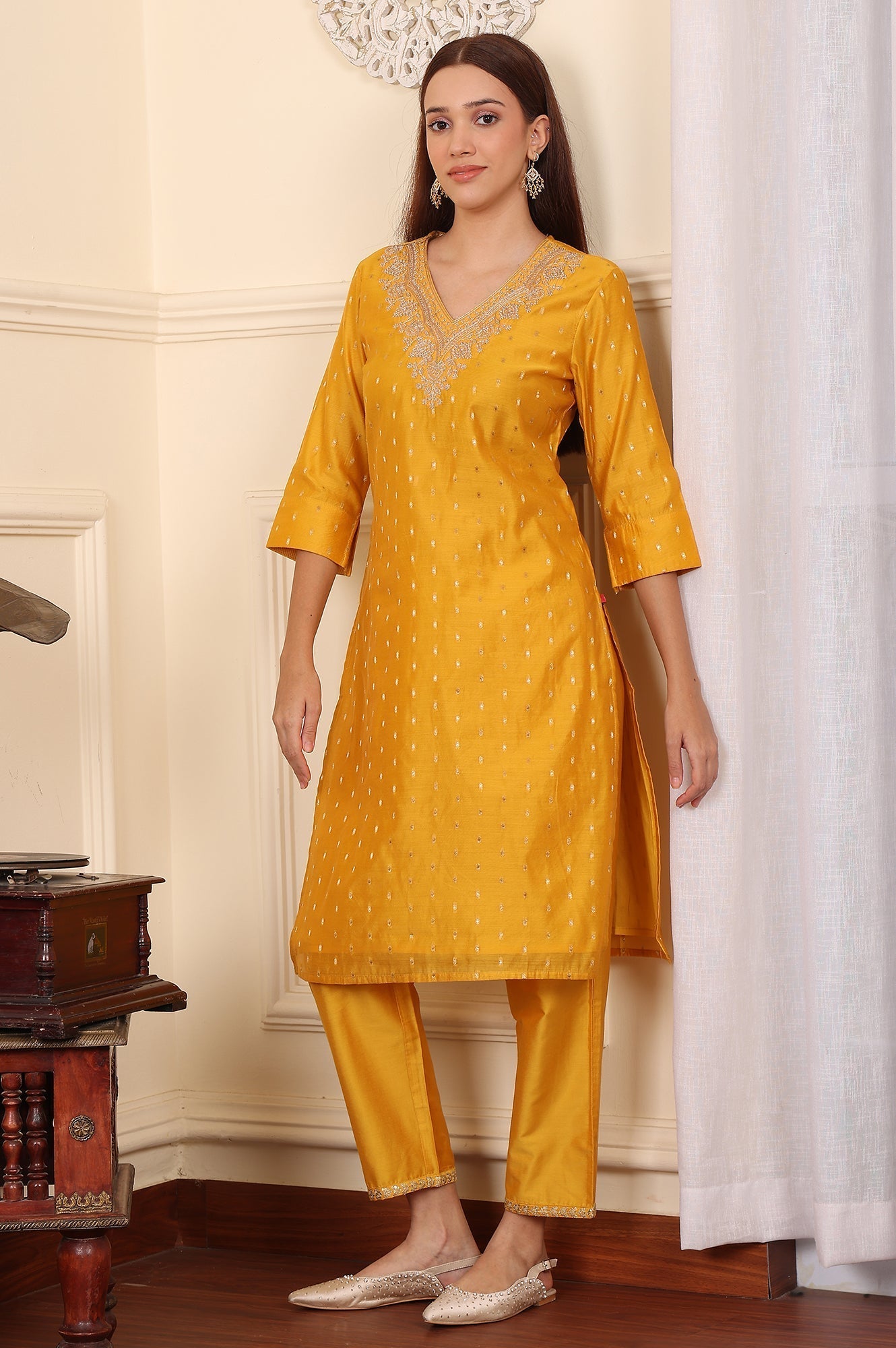 W for Woman Yellow Straight Pants With Embroidered Hemline