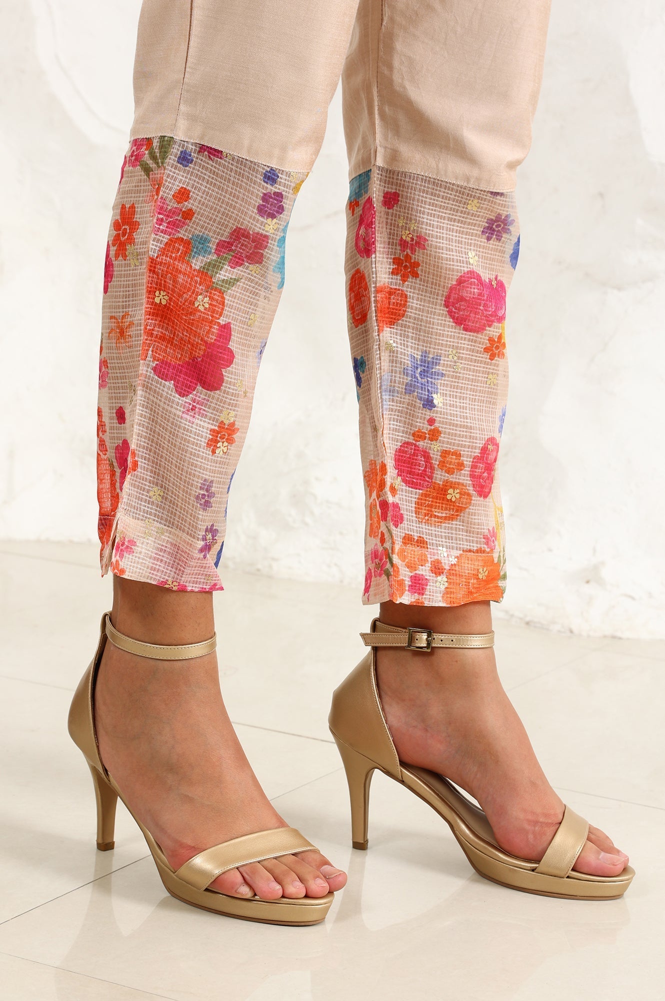 W for Woman Cream Floral Printed Sequined Kota Flared Kurta, Pants And Dupatta Set