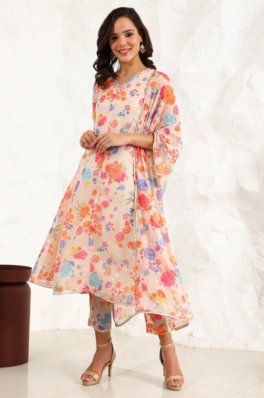 W for Woman Cream Floral Printed Sequined Kota Flared Kurta, Pants And Dupatta Set
