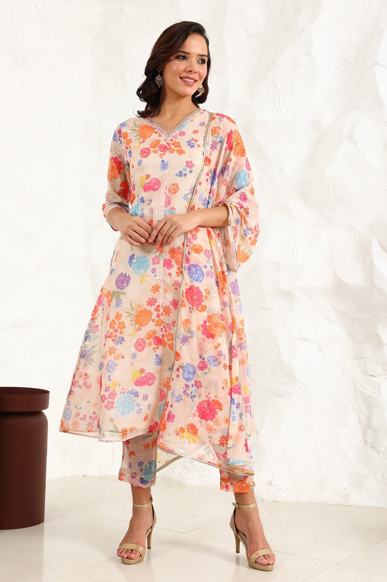 W for Woman Cream Floral Printed Sequined Kota Flared Kurta, Pants And Dupatta Set