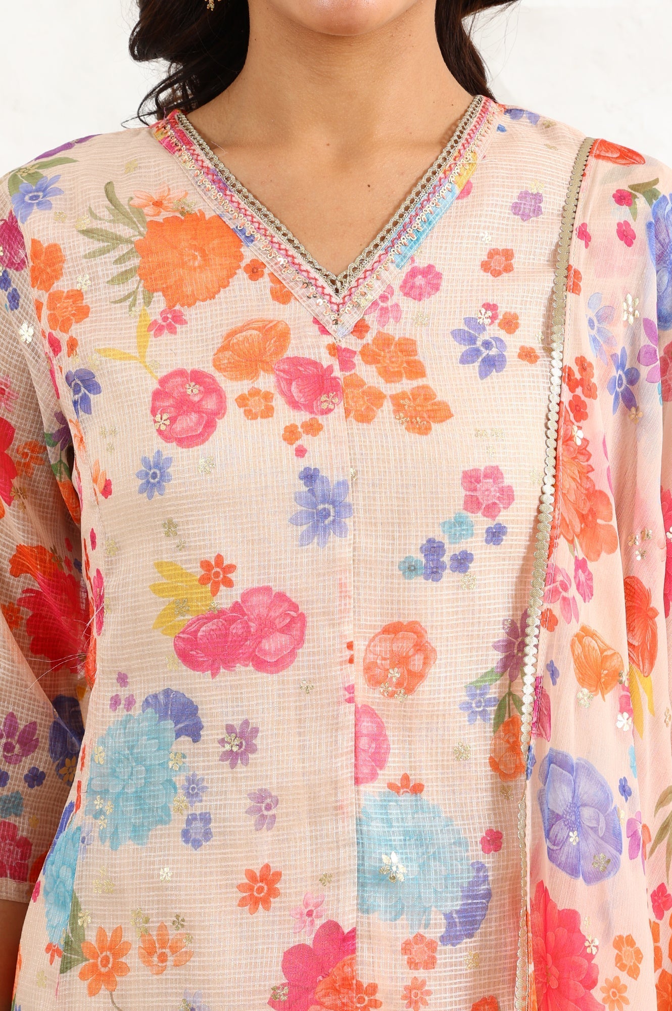 W for Woman Cream Floral Printed Sequined Kota Flared Kurta, Pants And Dupatta Set