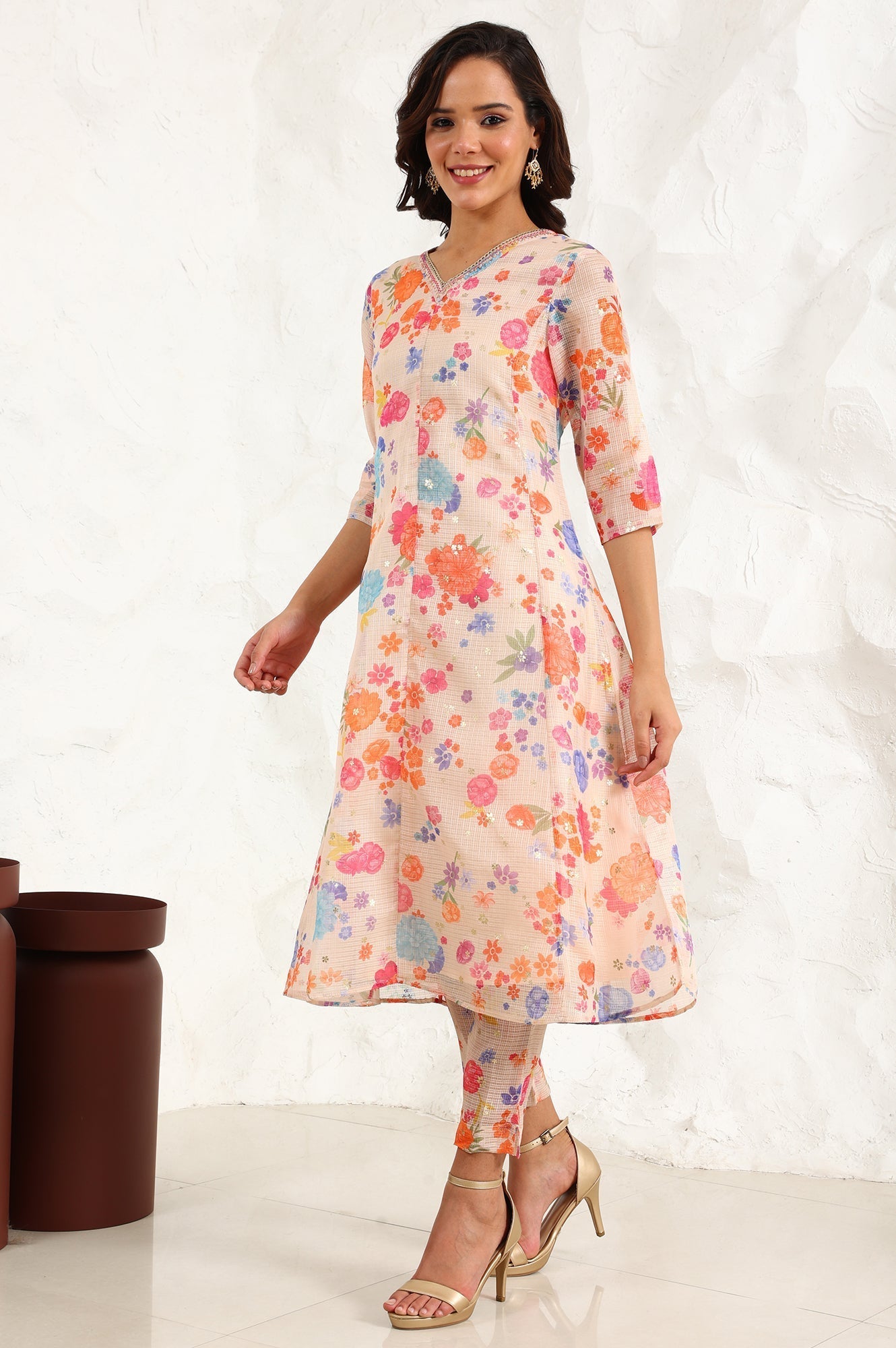 W for Woman Cream Floral Printed Sequined Kota Flared Kurta, Pants And Dupatta Set