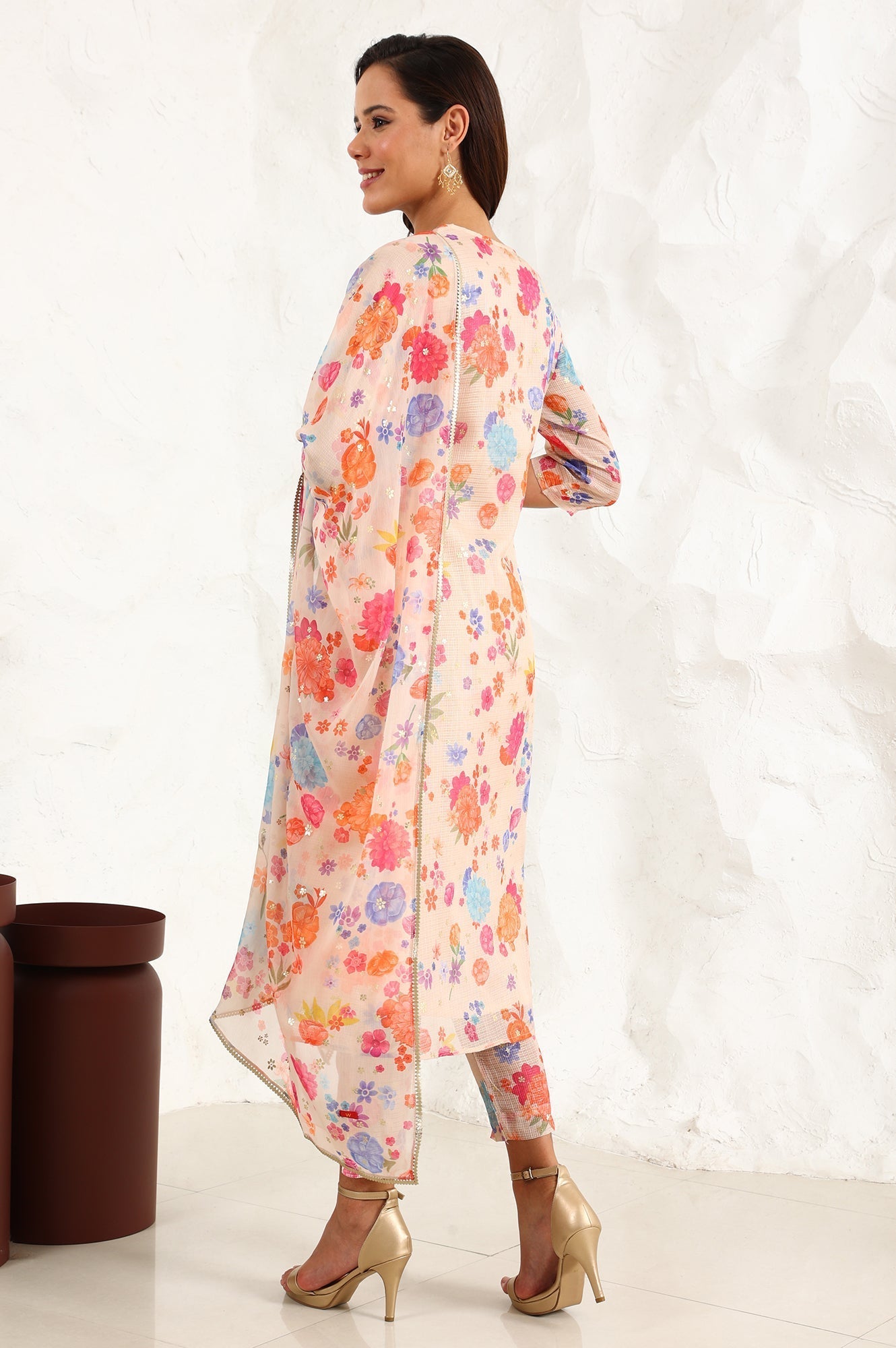 W for Woman Cream Floral Printed Sequined Kota Flared Kurta, Pants And Dupatta Set