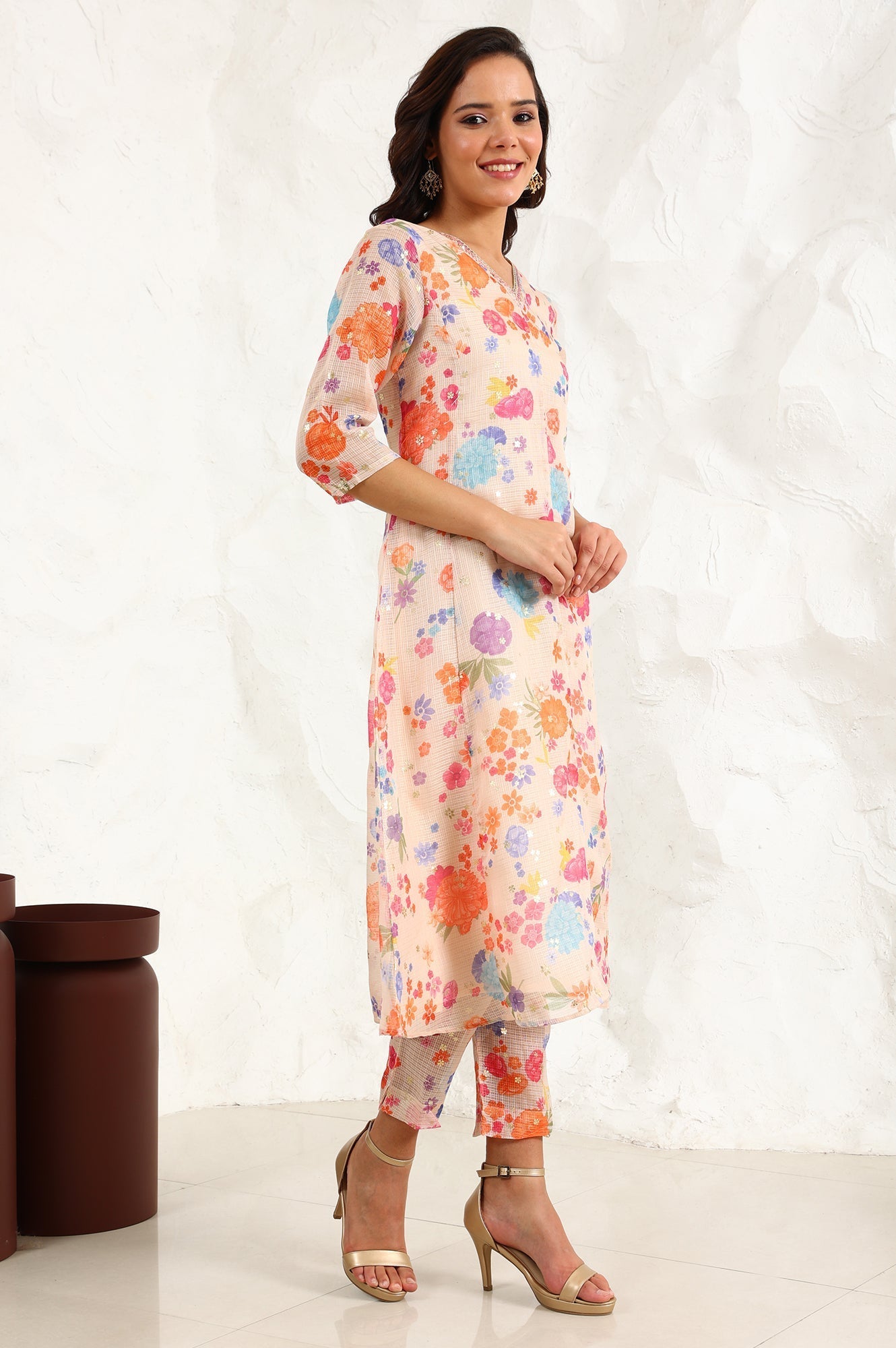 W for Woman Cream Floral Printed Sequined Kota Flared Kurta, Pants And Dupatta Set