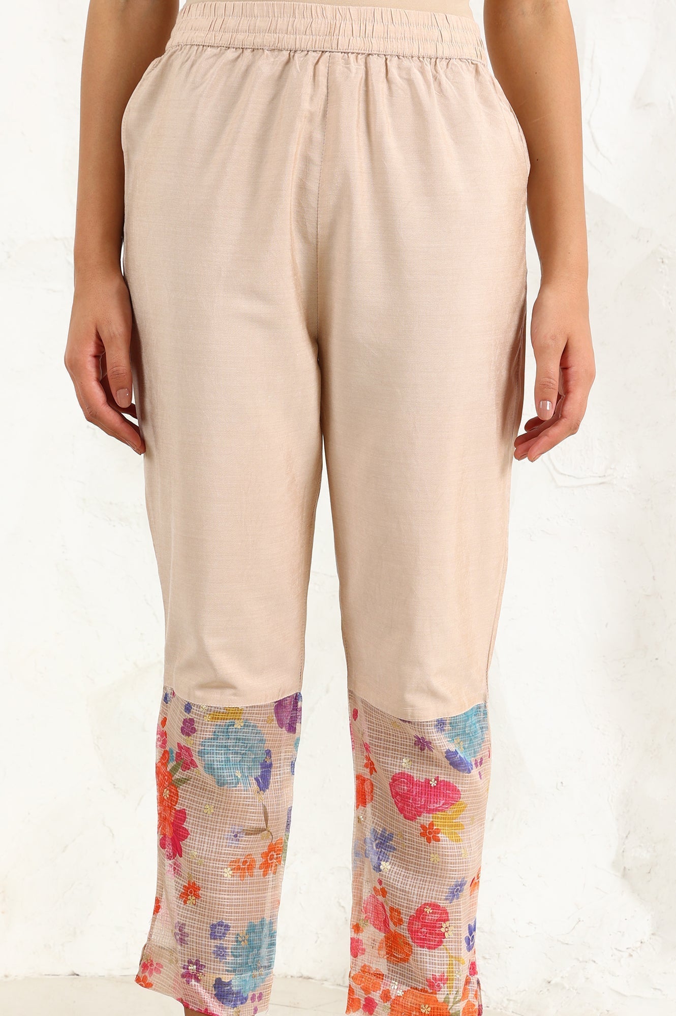 W for Woman Cream Floral Printed Sequined Kota Flared Kurta, Pants And Dupatta Set