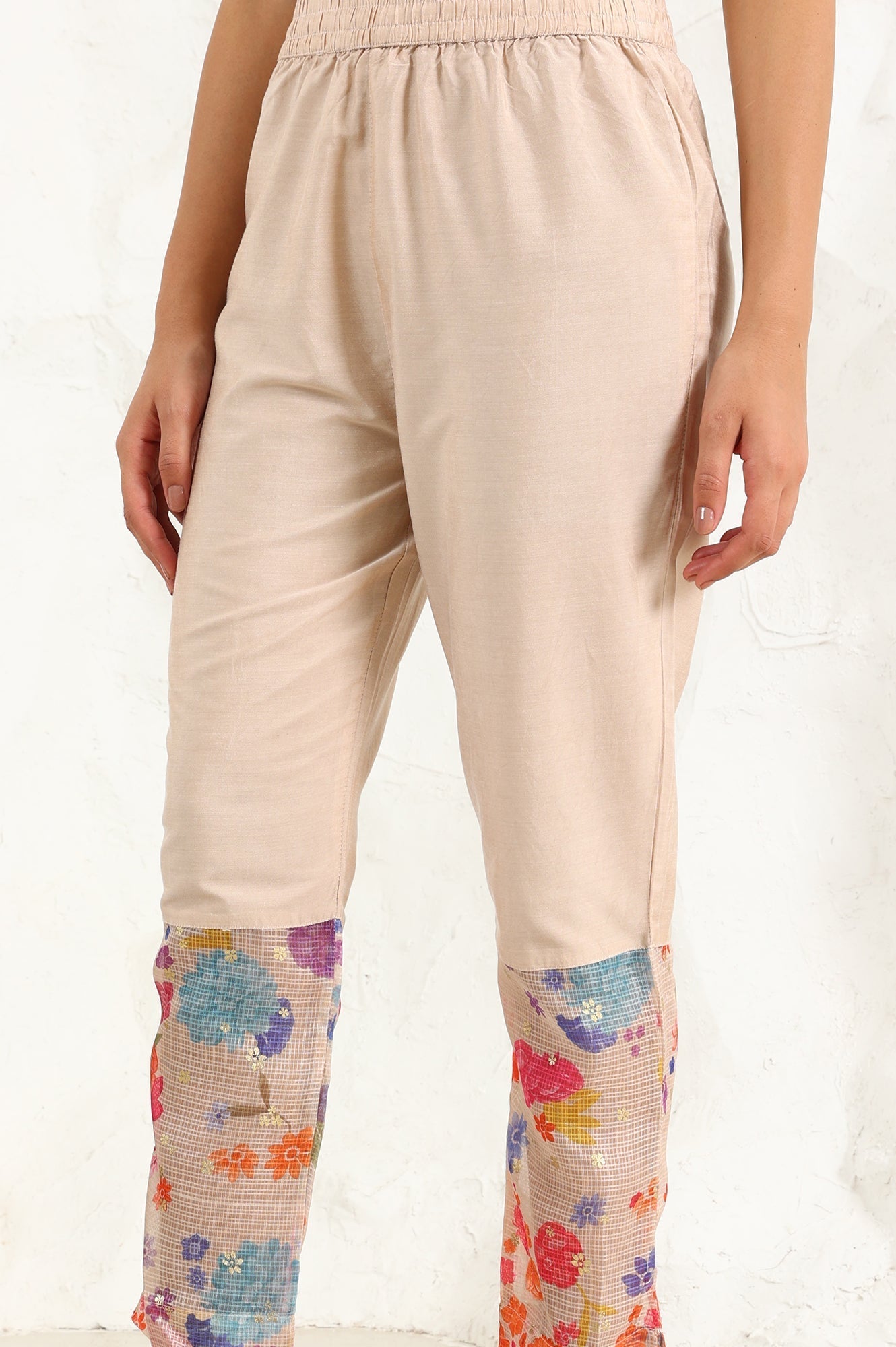 W for Woman Cream Floral Printed Sequined Kota Flared Kurta, Pants And Dupatta Set