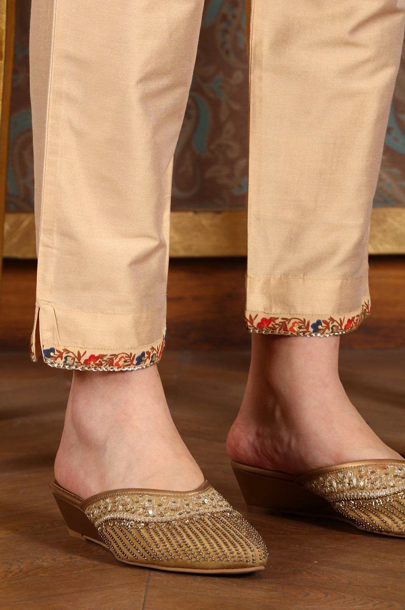 W for Woman Cream Floral Printed Sequined Kota Flared Kurta, Pants And Dupatta Set