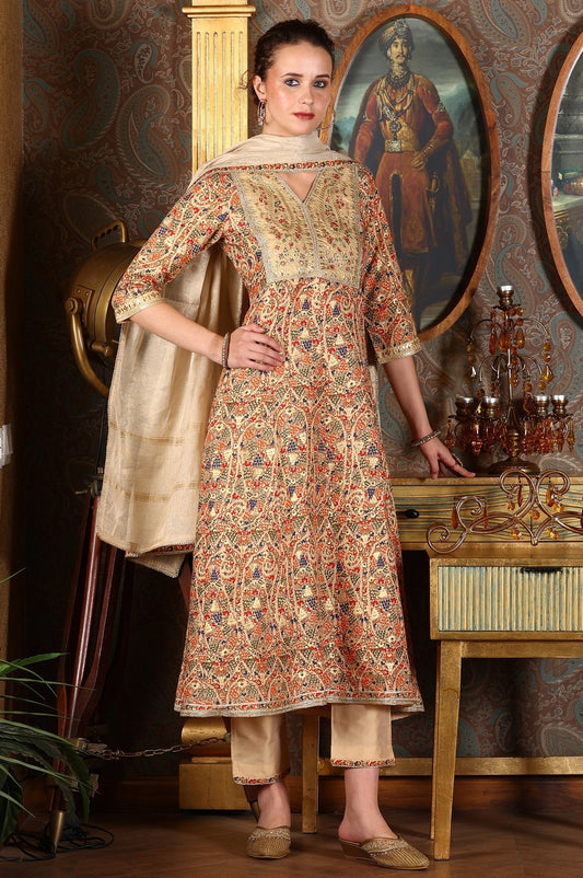 W for Woman Cream Floral Printed Sequined Kota Flared Kurta, Pants And Dupatta Set