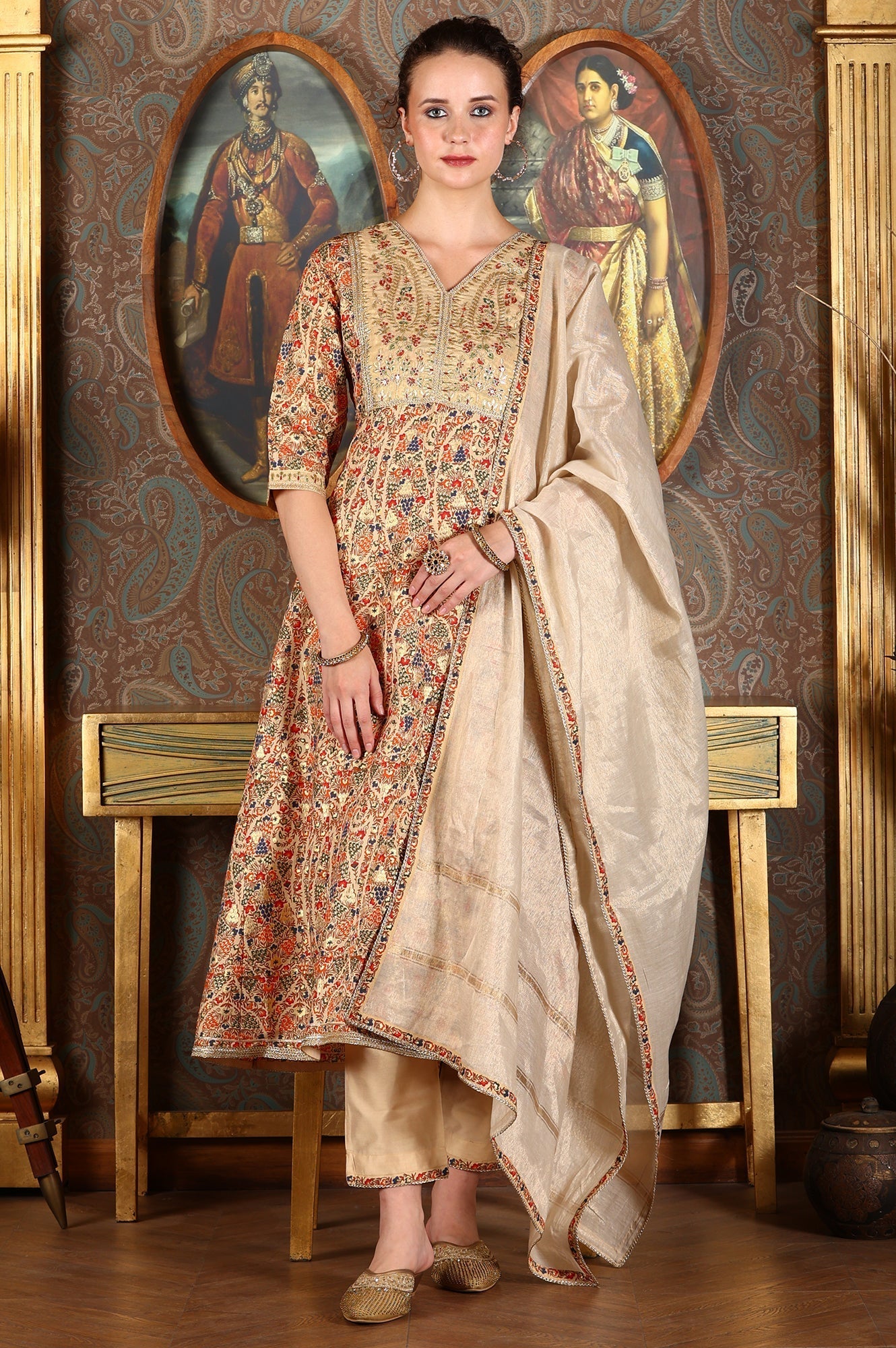 W for Woman Cream Floral Printed Sequined Kota Flared Kurta, Pants And Dupatta Set