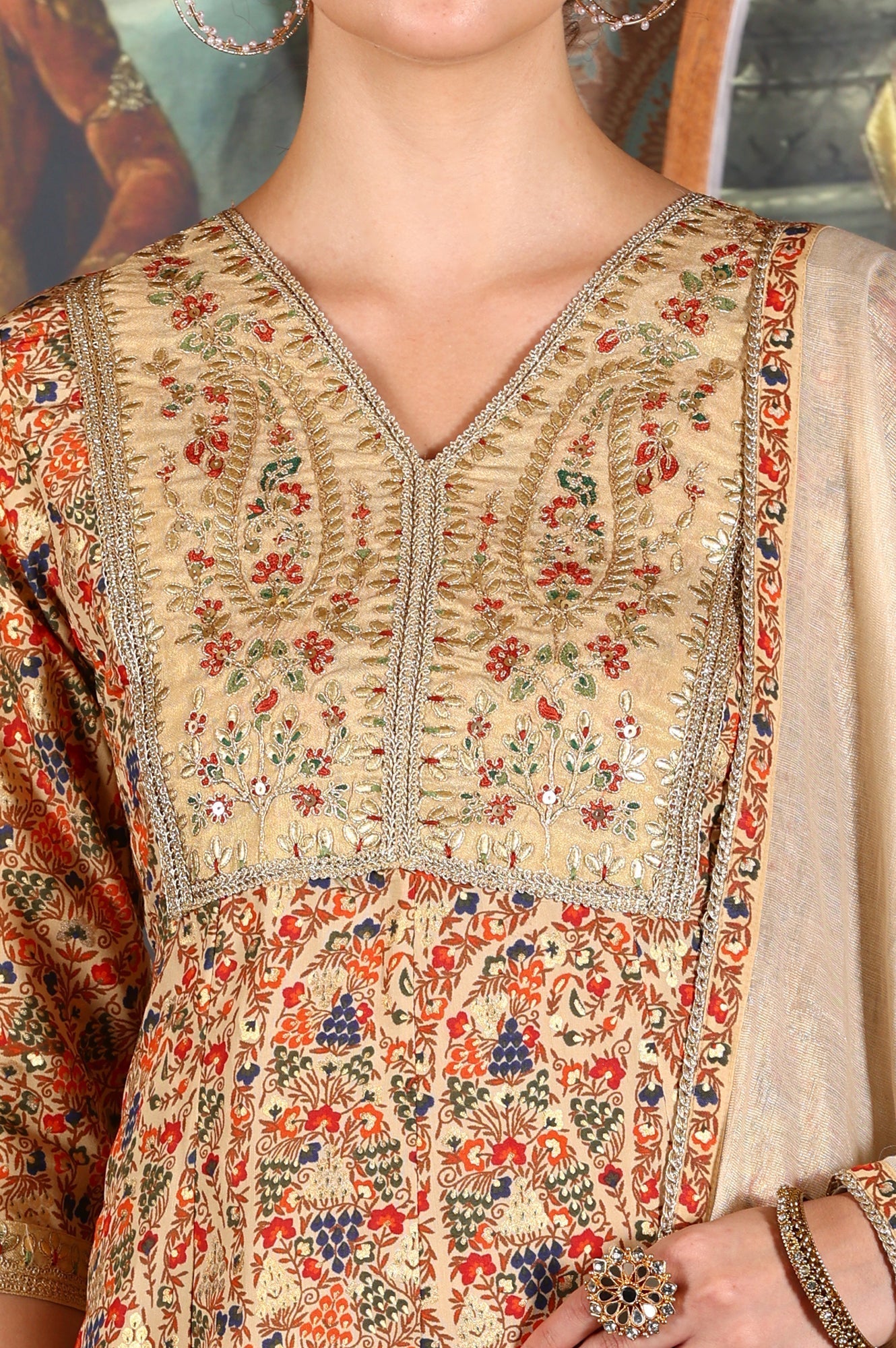 W for Woman Cream Floral Printed Sequined Kota Flared Kurta, Pants And Dupatta Set