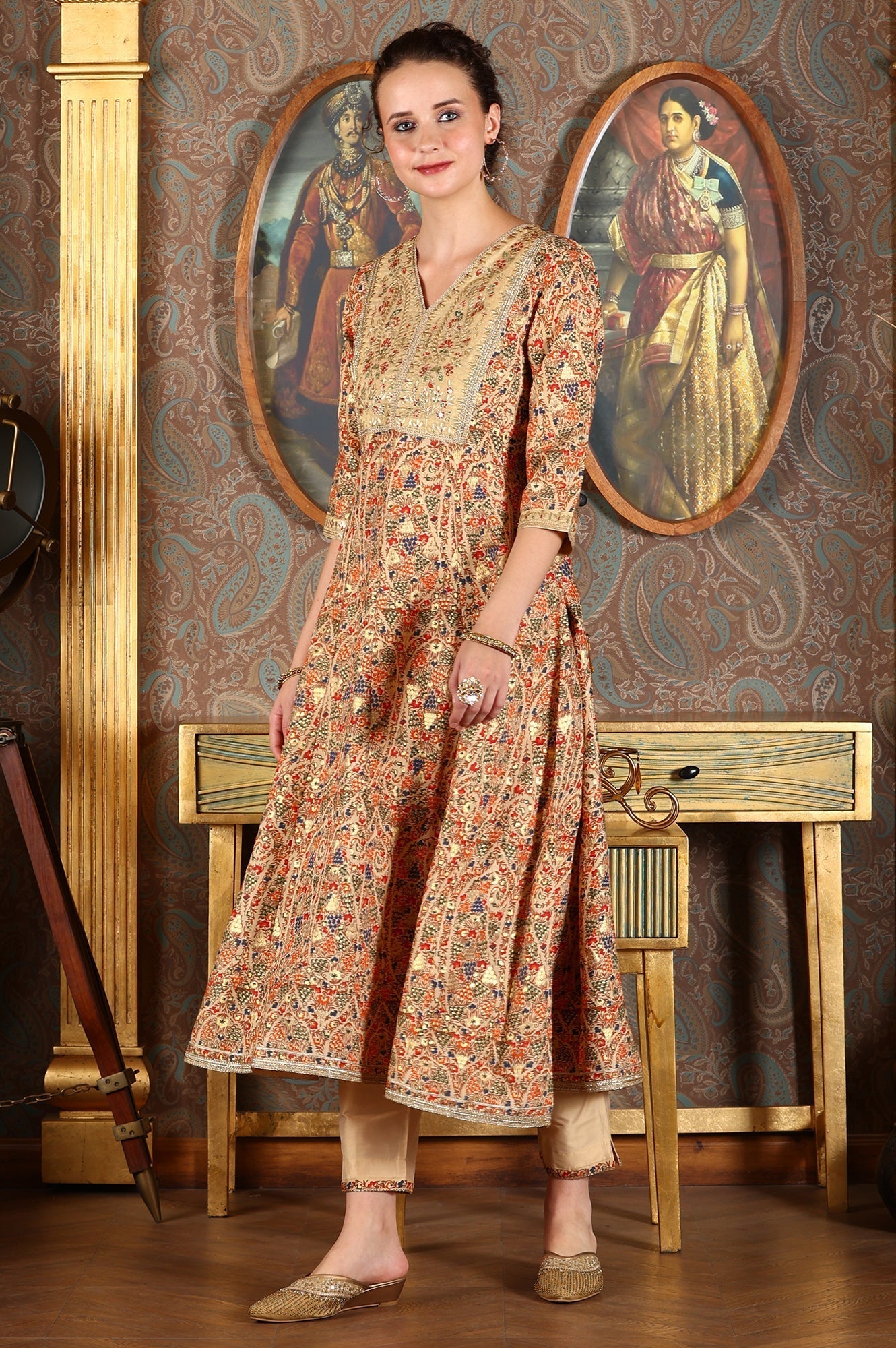 W for Woman Cream Floral Printed Sequined Kota Flared Kurta, Pants And Dupatta Set