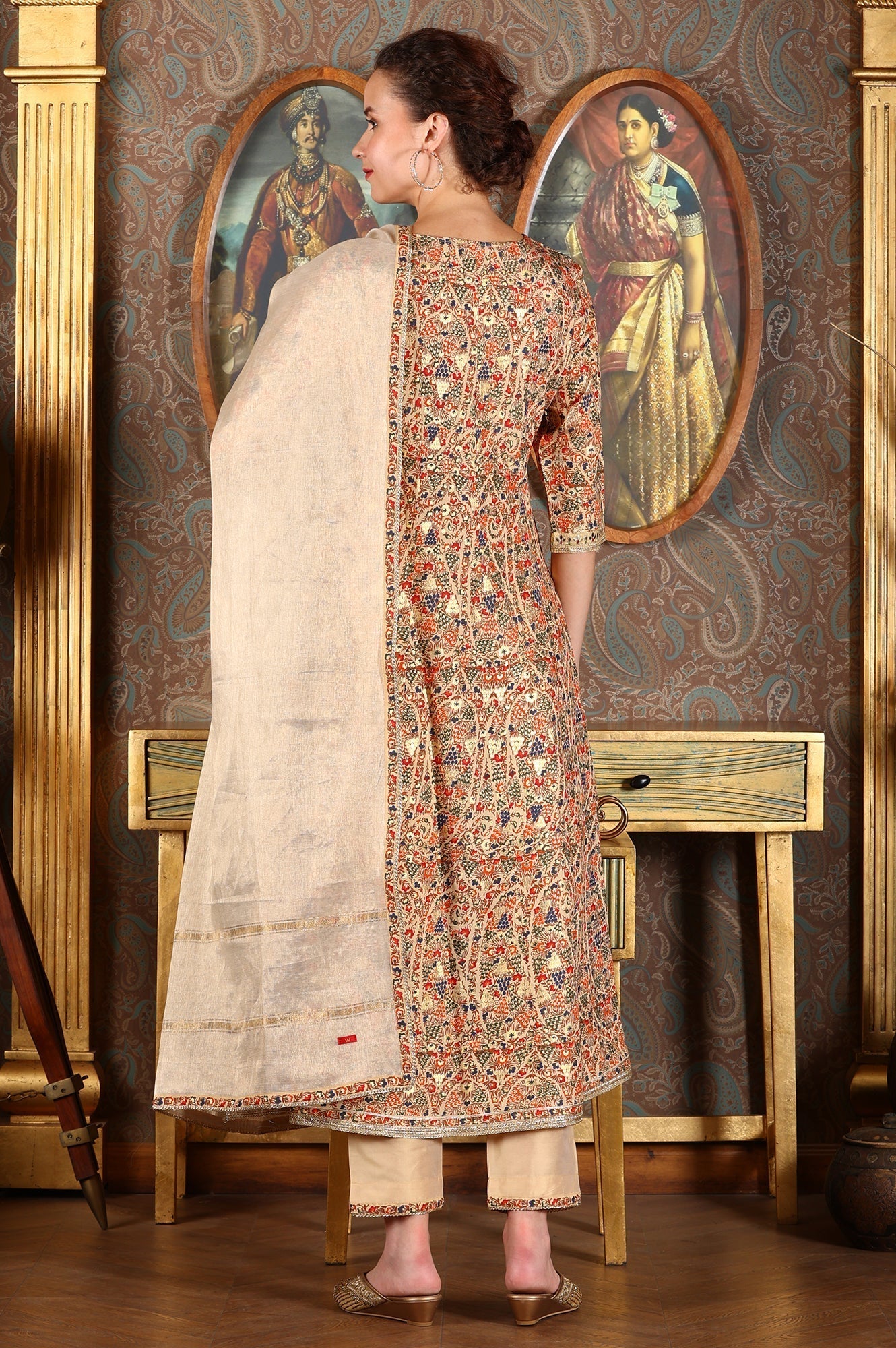 W for Woman Cream Floral Printed Sequined Kota Flared Kurta, Pants And Dupatta Set