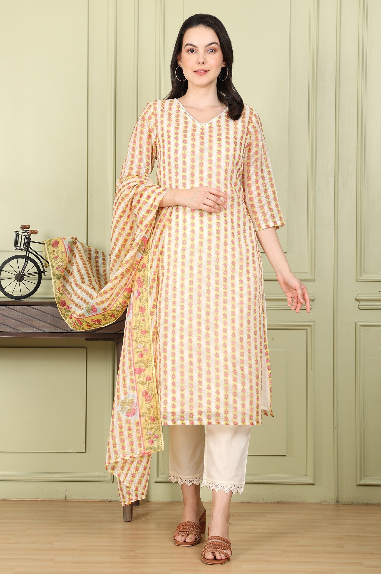 W for Woman White Floral Printed Straight Kota Kurta, Pants And Dupatta Set