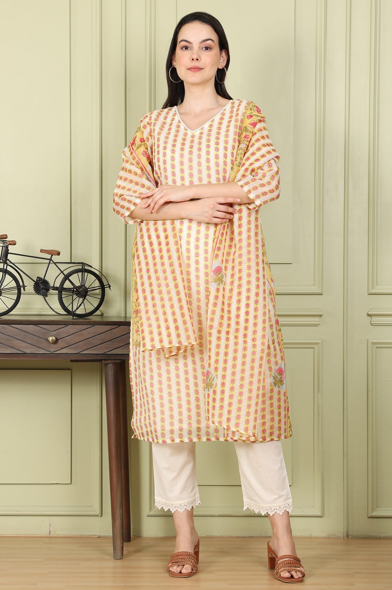 W for Woman White Floral Printed Straight Kota Kurta, Pants And Dupatta Set