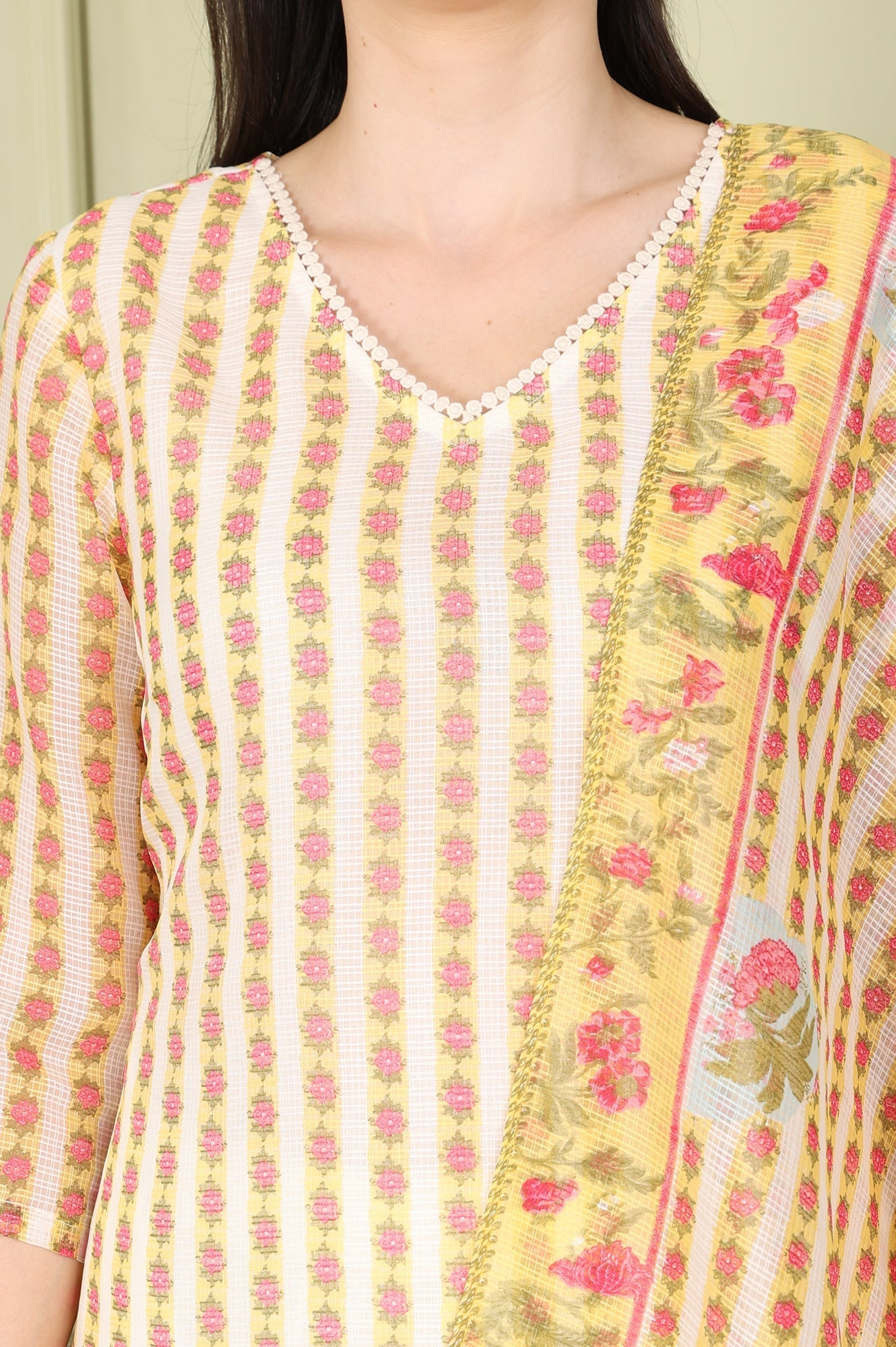 W for Woman White Floral Printed Straight Kota Kurta, Pants And Dupatta Set