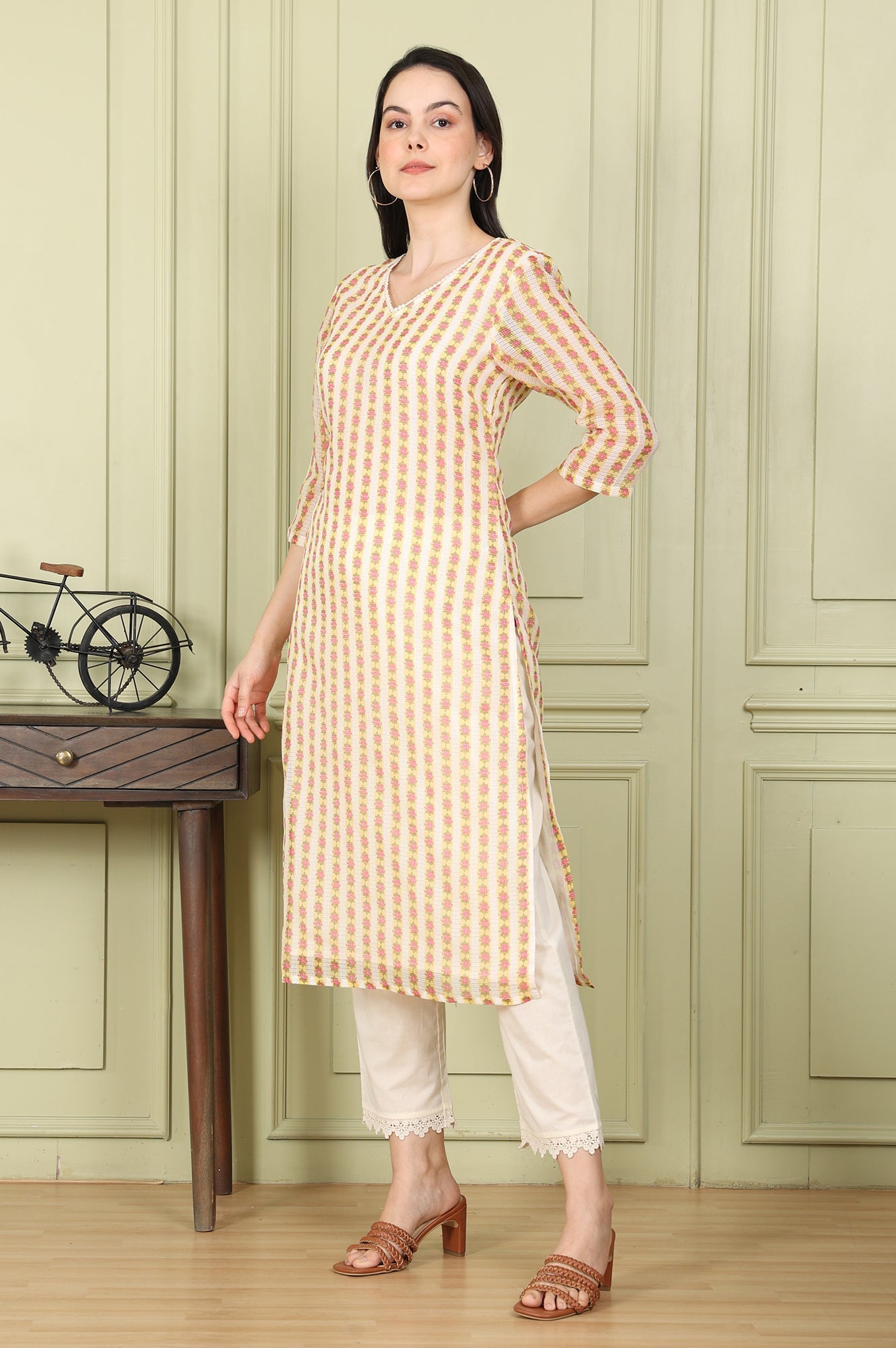 W for Woman White Floral Printed Straight Kota Kurta, Pants And Dupatta Set