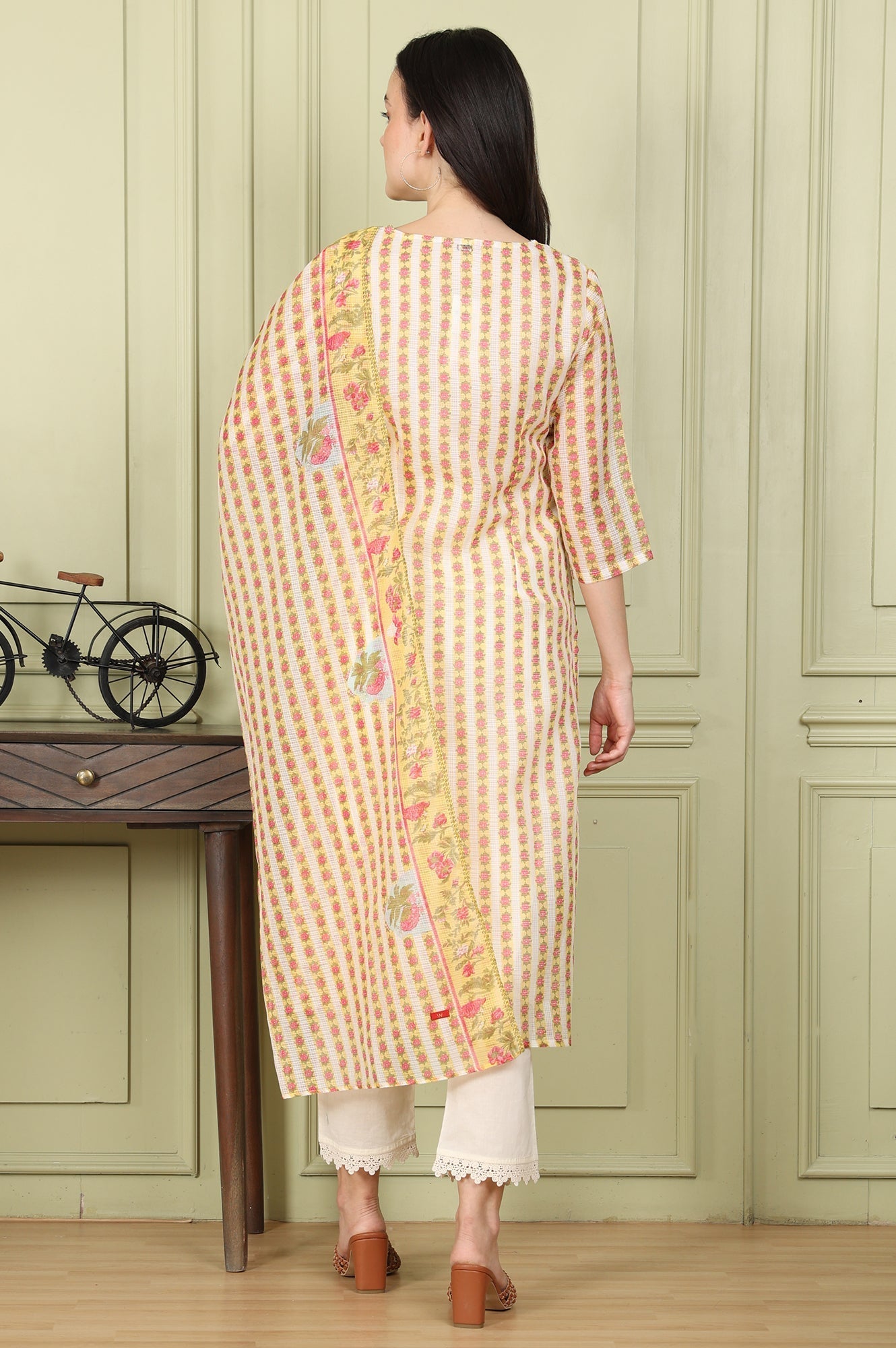 W for Woman White Floral Printed Straight Kota Kurta, Pants And Dupatta Set